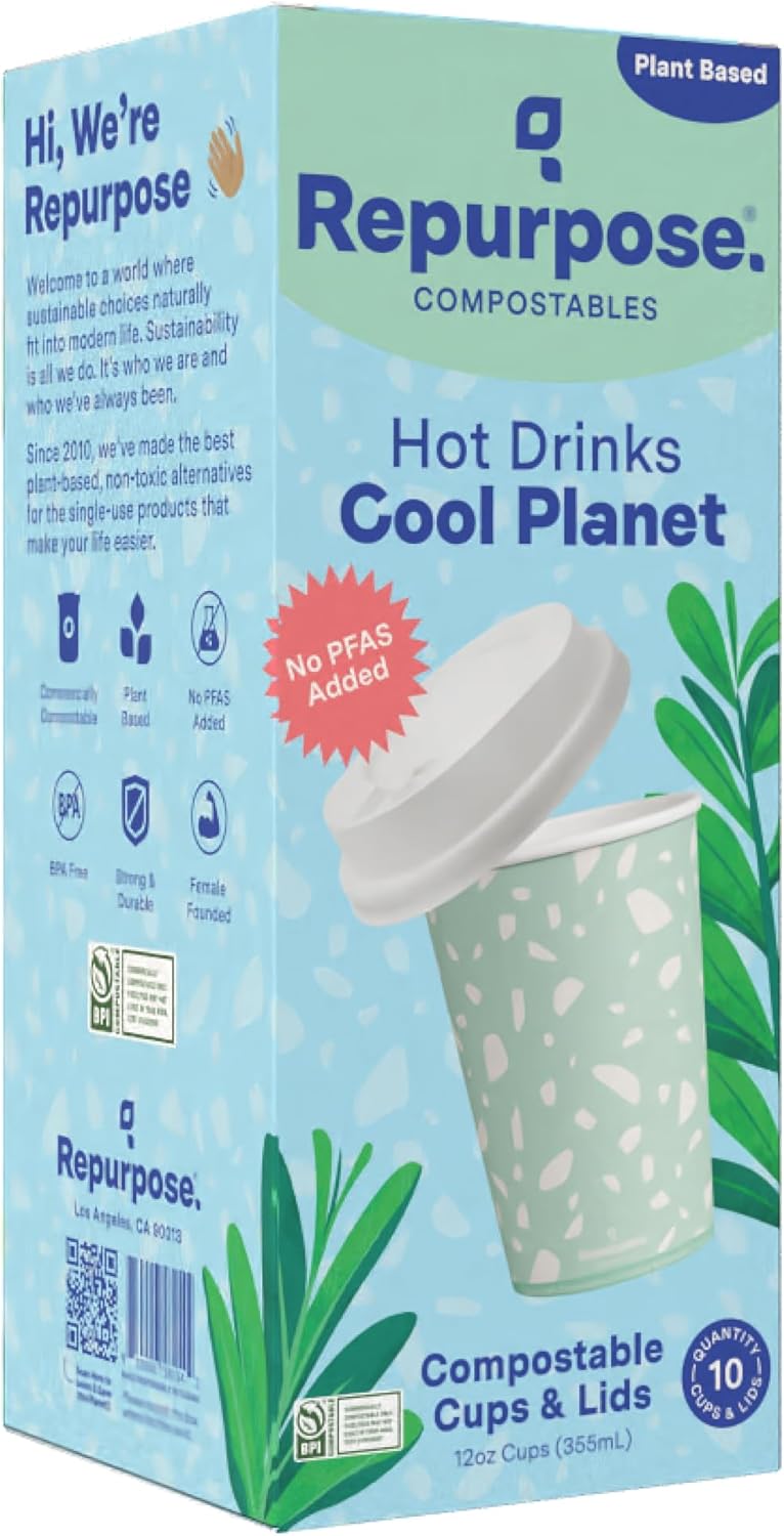 Repurpose Compostables Cup & Lid Set, 12oz, 40 Count, BPA-Free, No PFAS, FDA Non-Toxic, Disposable, Recyclable Packaging