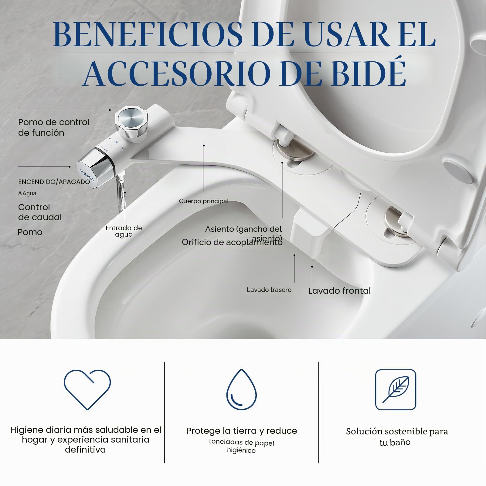 Pulverizador Bidet para WC No Eléctrico con Doble Boquilla Retráctil y Autolimpiante, Control de Presión, Limpieza Frontal y Trasera TT17NA