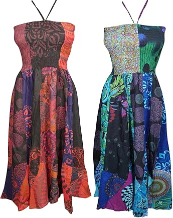 Mogul Interior 2pc Womens Dress Halter Neck Printed Hippei Chic Gypsy Sexy Summer Dresse SM Green,Orange