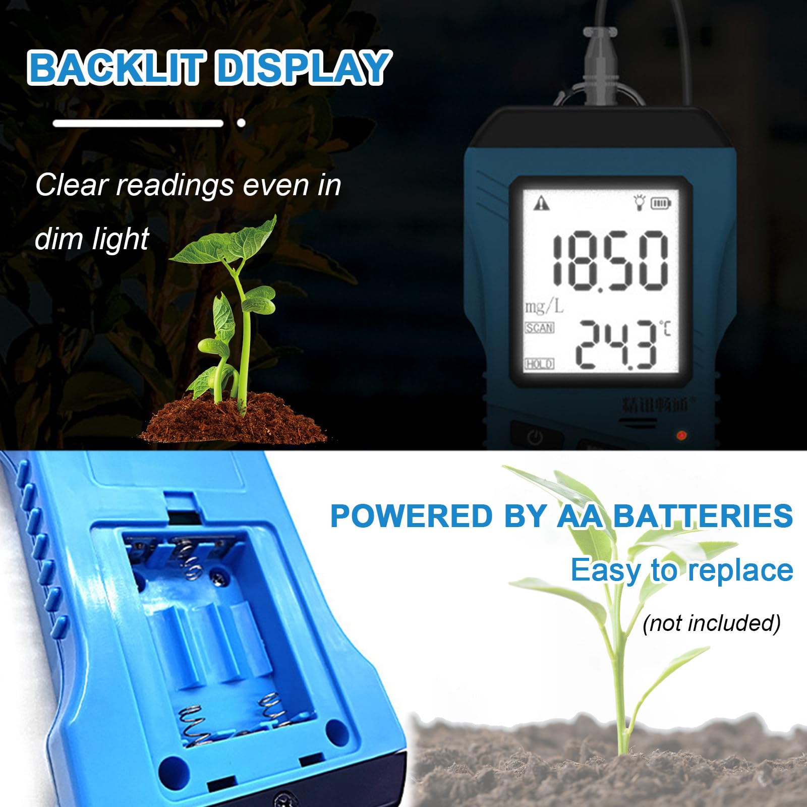 Tester per suolo 5 in 1, misura pH, umidità, EC, nutrienti, temperatura con display a LED per analisi di giardini e fattorie