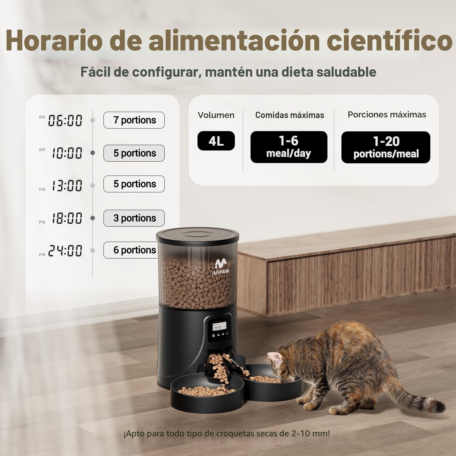 IMIPAW Comedero Gato Automatico - Dispensador Comida con Dos Cuencos, Temporizador Programable para Gatos y Perros con Bolsa Desecante, 1-6 Comidas al Día, 1-20 Porciones por Comida- 4L