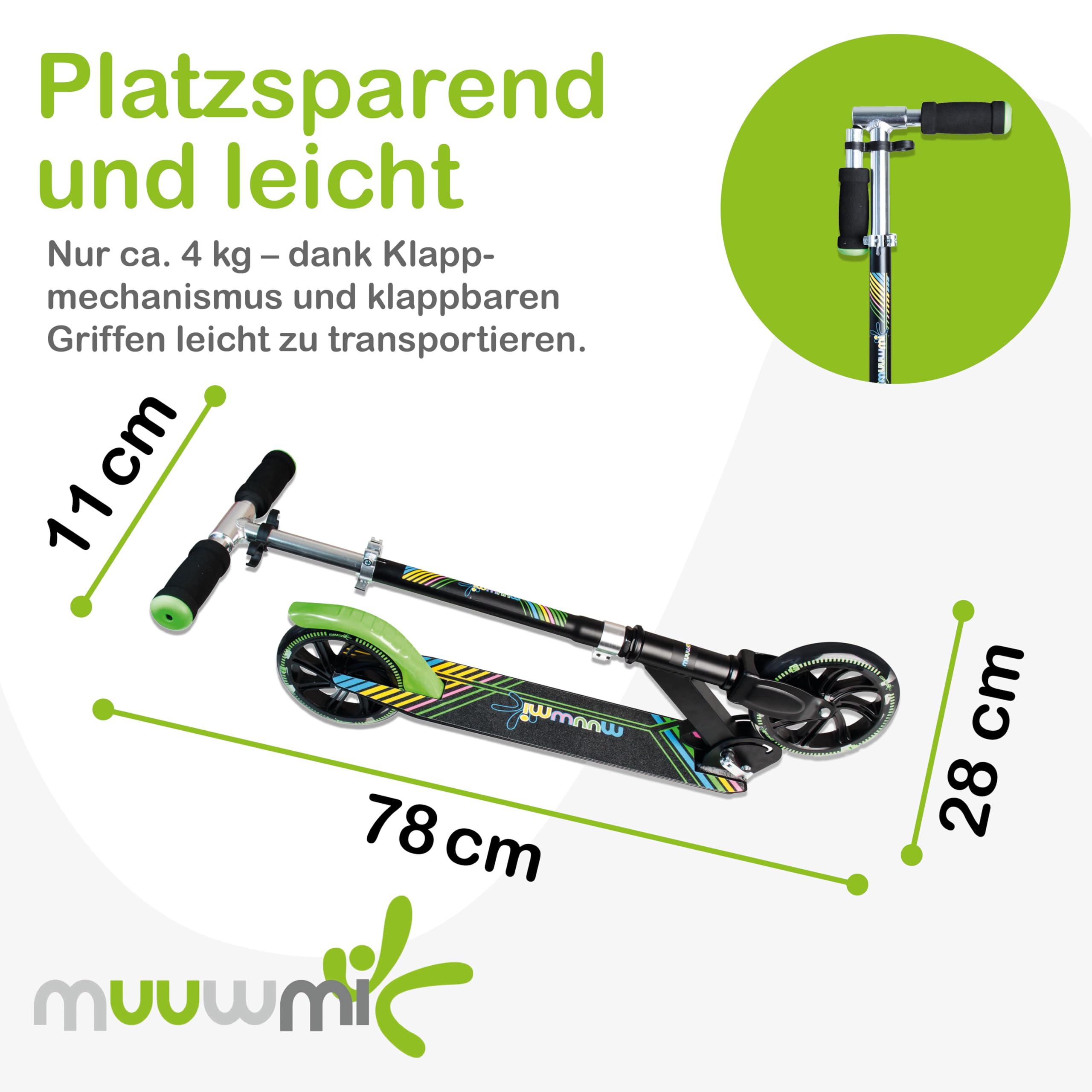Muuwmi Lights Aluminium Scooter - Höhenverstellbarer Lenker - Geeignet für Kinder - GS-Zertifiziert - Bis zu 100 kg - mit Leuchtrollen - Tretroller in grün-schwarz