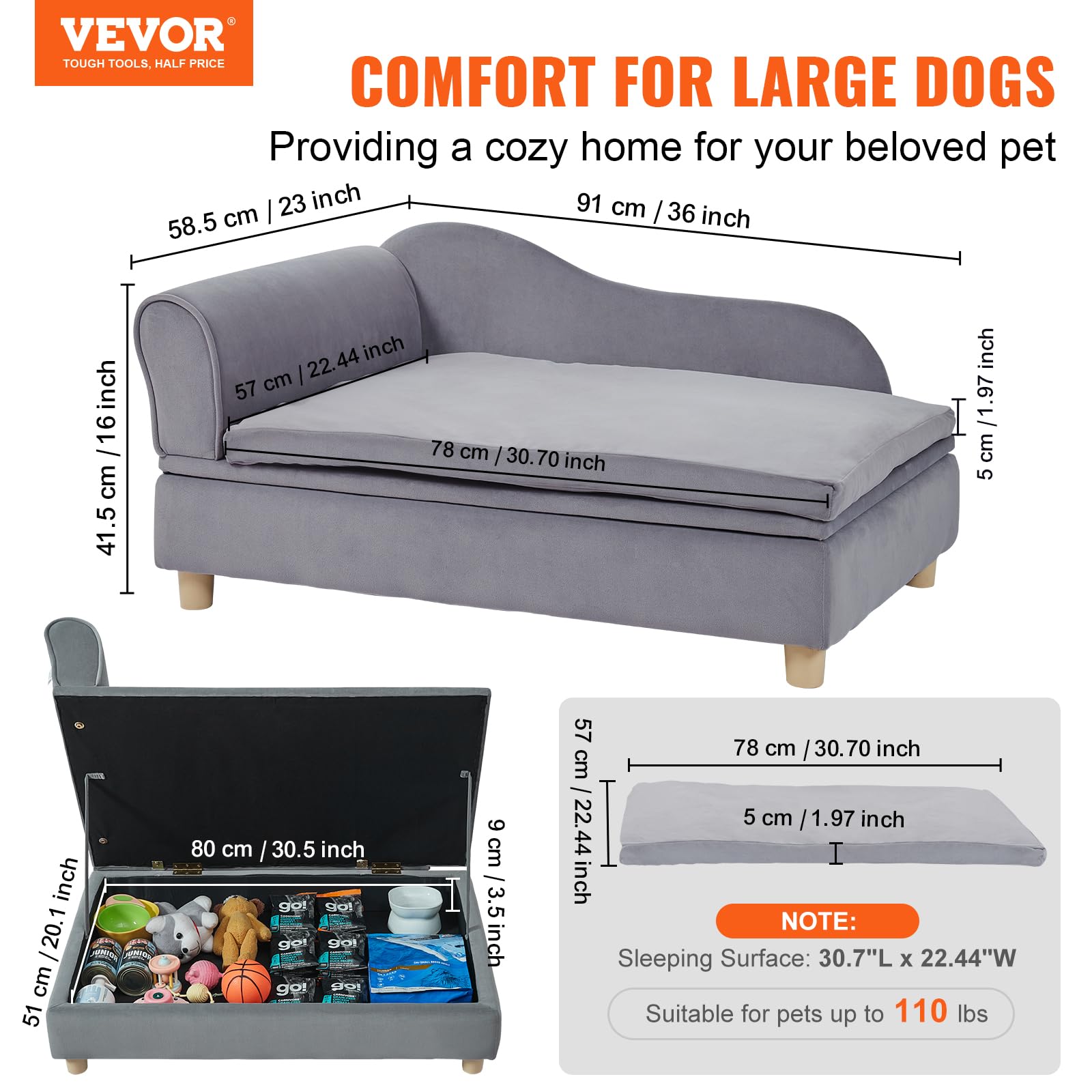 VEVOR Canapé pour animal de compagnie, panier pour chien de grande taille et chat, canapé-lit pour chiens en velours doux, canapé pour chats avec capacité de charge de 50 kg, gris, 91 x 58,5 x 41,5 cm