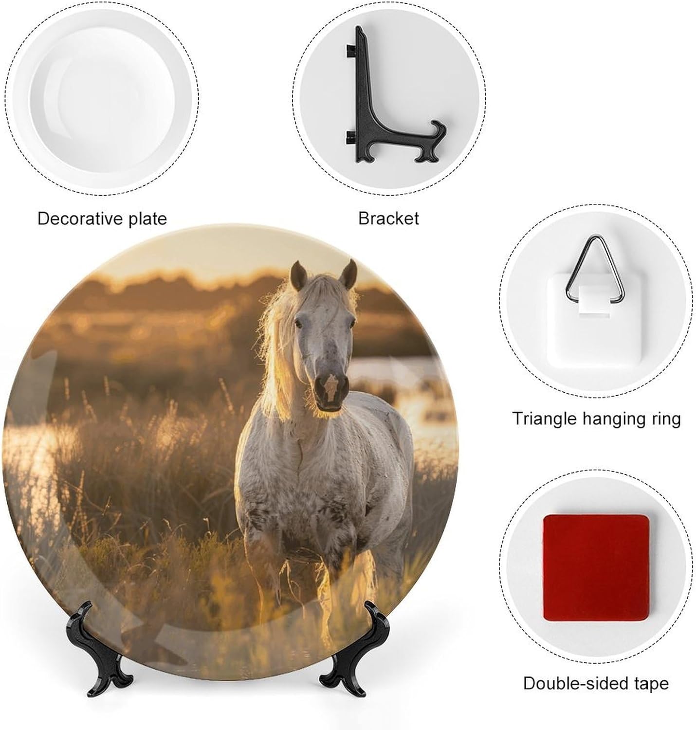 Real Horse Photos Bone China Decorative Plate with Display Stand, Ceramic Ornaments Plate for Wall Hanging, Personalized Porcelain Plates for Office, Living Room 8inch