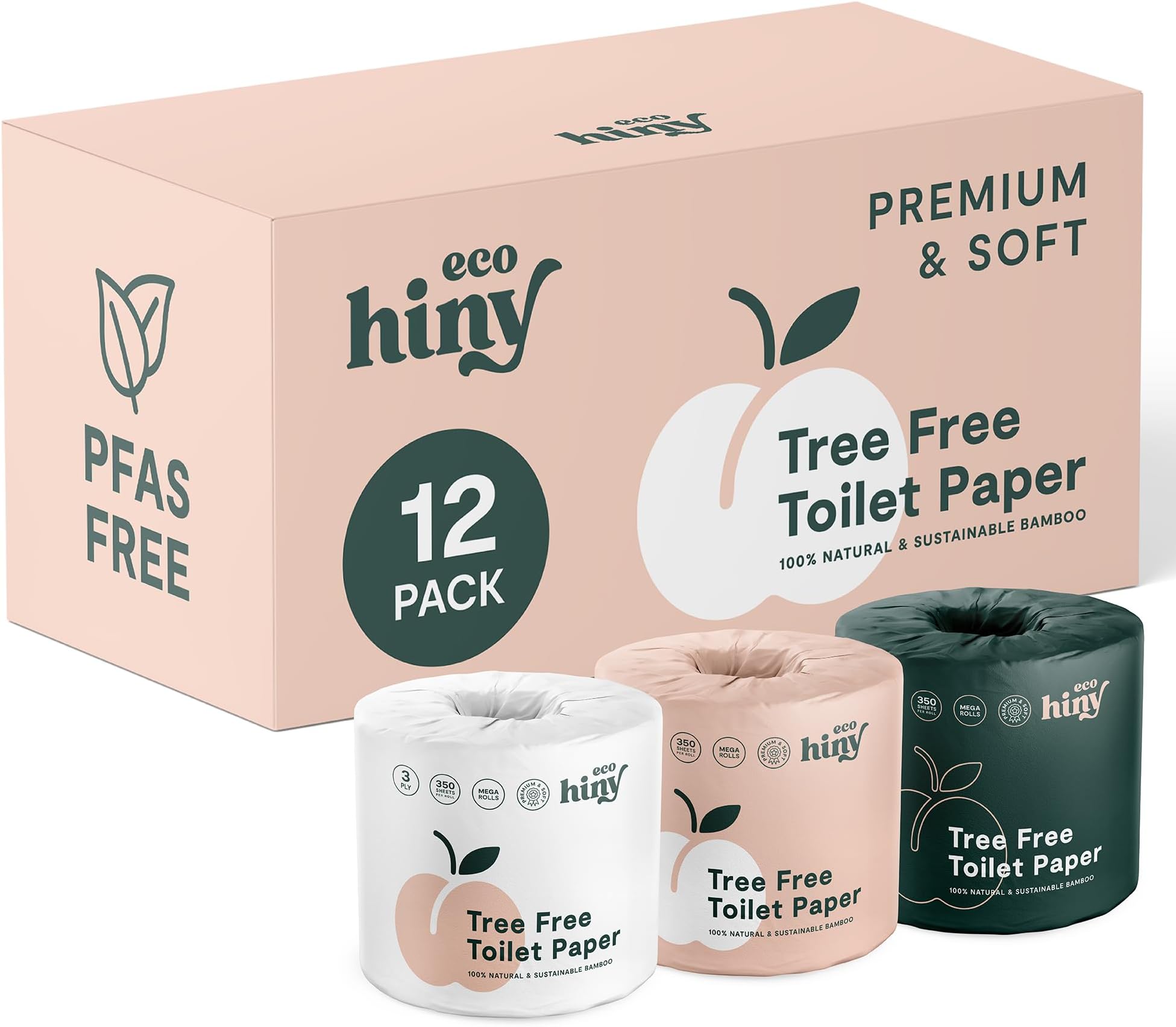 ecoHiny Premium & Soft Bamboo Toilet Paper | PFAS Free | 12 Mega Rolls, 3 ply & 350 Sheets | Non Toxic, FSC Certified, Septic Safe, BPA Free | Tree Free Toilet Tissue | Plastic Free Packaging