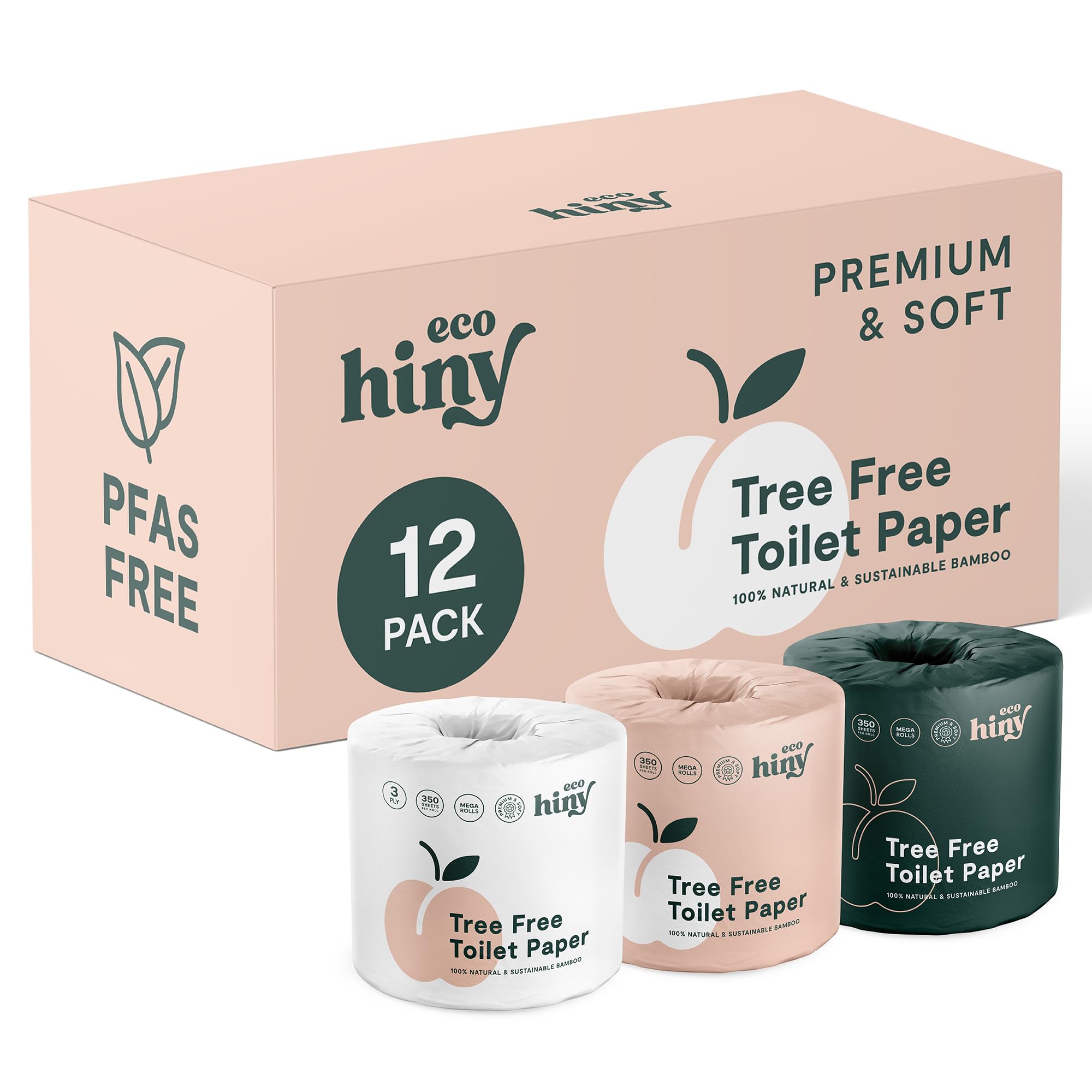 - ecoHiny Premium & Soft Bamboo Toilet Paper | PFAS Free | 12 Mega Rolls, 3 ply & 350 Sheets | Non Toxic, FSC Certified, Septic Safe, BPA Free | Tree Free Toilet Tissue | Plastic Free Packaging
