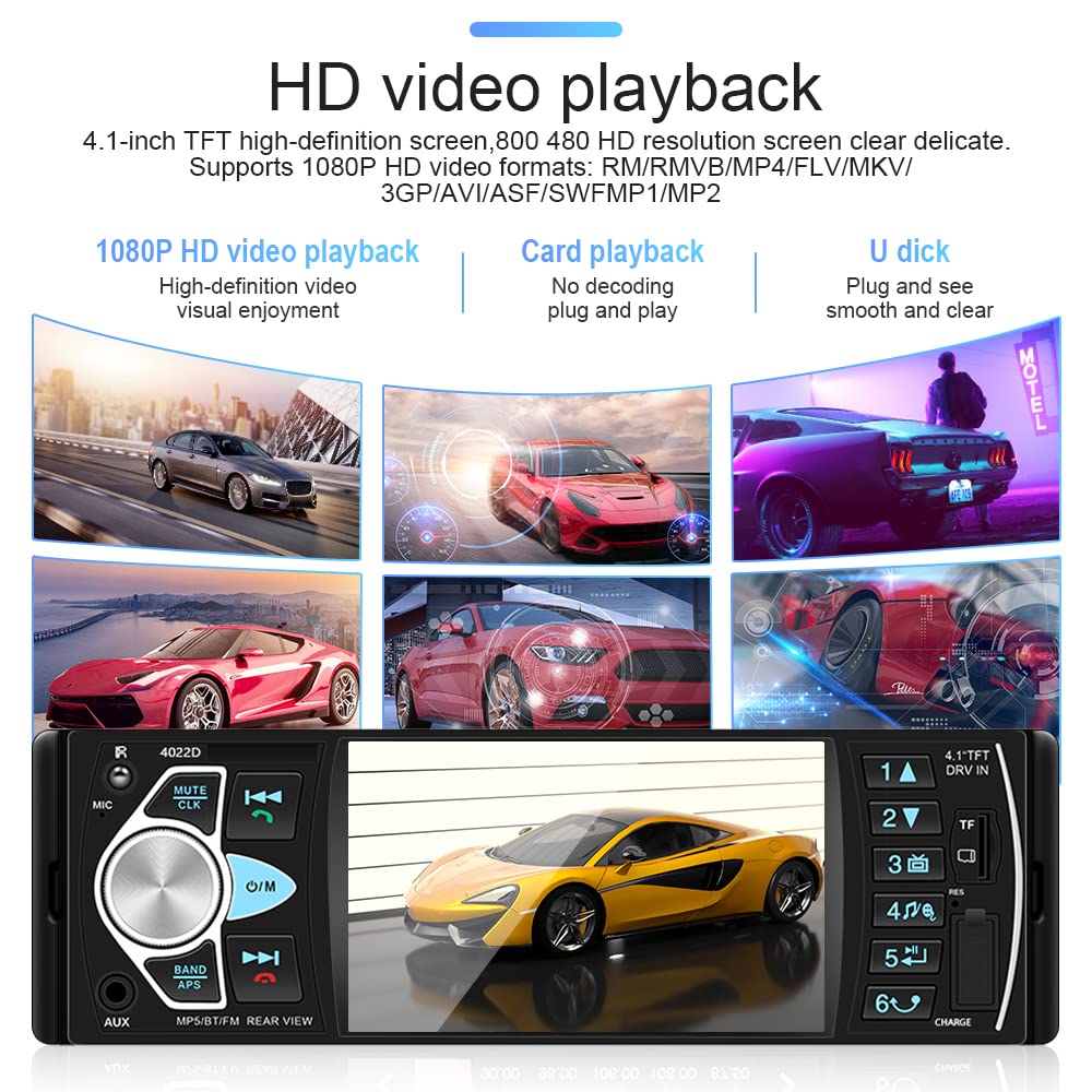 Hikity Radio Coche 1DIN Bluetooth, Pantalla Digital TFT 4.1'' | Manos Libres, Cámara Trasera, FM USB AUX TF, SWC, Estéreo, Radio Pantalla 1 Din