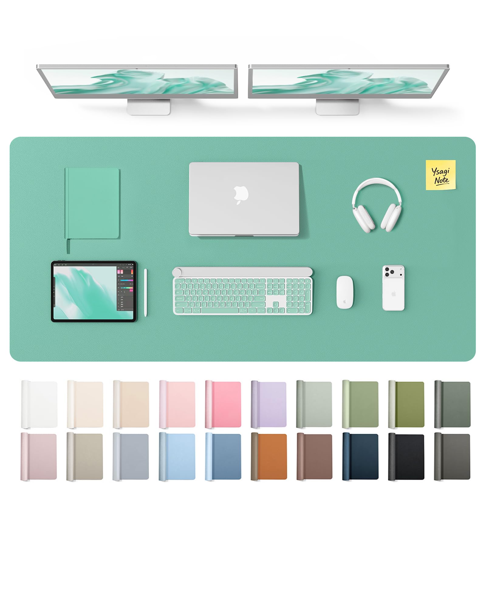YSAGi Leather Desk Pad Protector, Office Desk Mat, Large Mouse Pad, Non-Slip PU Leather Desk Blotter, Laptop Desk Pad, Waterproof Desk Writing Pad for Office and Home (Green-Blue,55" x 24")