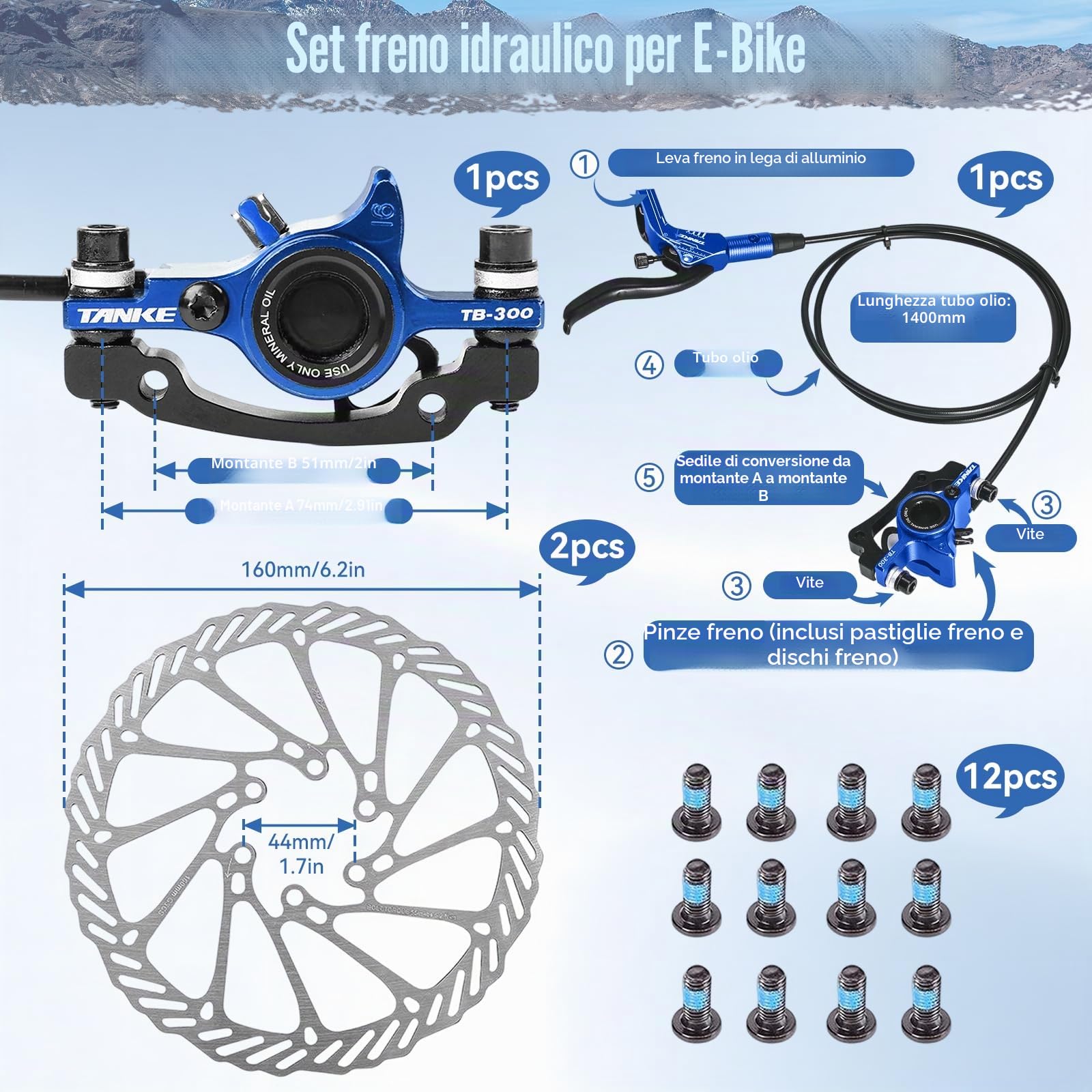 Kit Freno a Disco per Bicicletta, Kit Freno Idraulico per Bici Elettrica con Rotori da 160 Mm, Anteriore Sinistro 89cm e Posteriore Destro da 147cm, Leve per Bici Elettrica E Scooter (Viola)