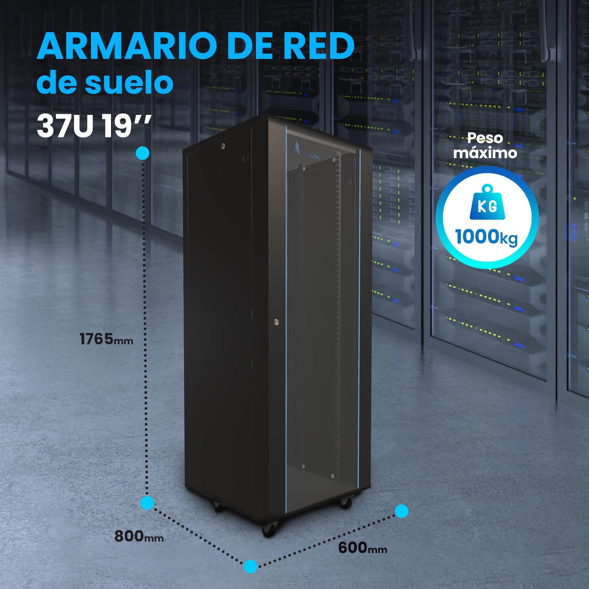 Armario Rack 19 Pulgadas 37 U 600x800 Independiente Paneles Laterales Desmontables Marco para autoensamblaje Armario de Red para UPS Switch Vidrio Templado Negro Armario Rack de servidores