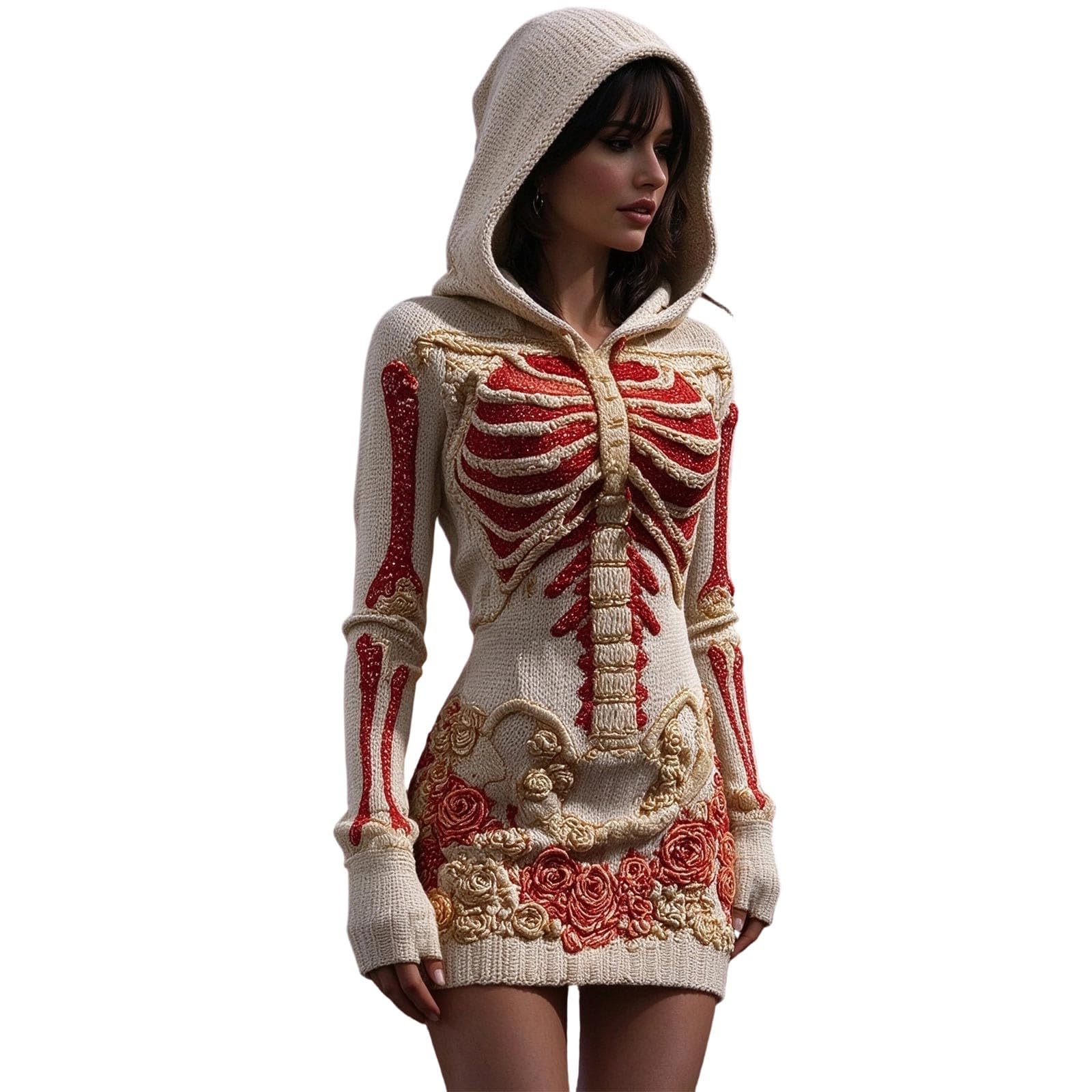 Halloween Dresses for Women UK Ladies Skeleton Print Maxi Dress Long Sleeve Halloween Costume Gothic Fancy Dress Costume Spooky Skeleton Printed A Line Long Gown Hooded Cape for Themed Party