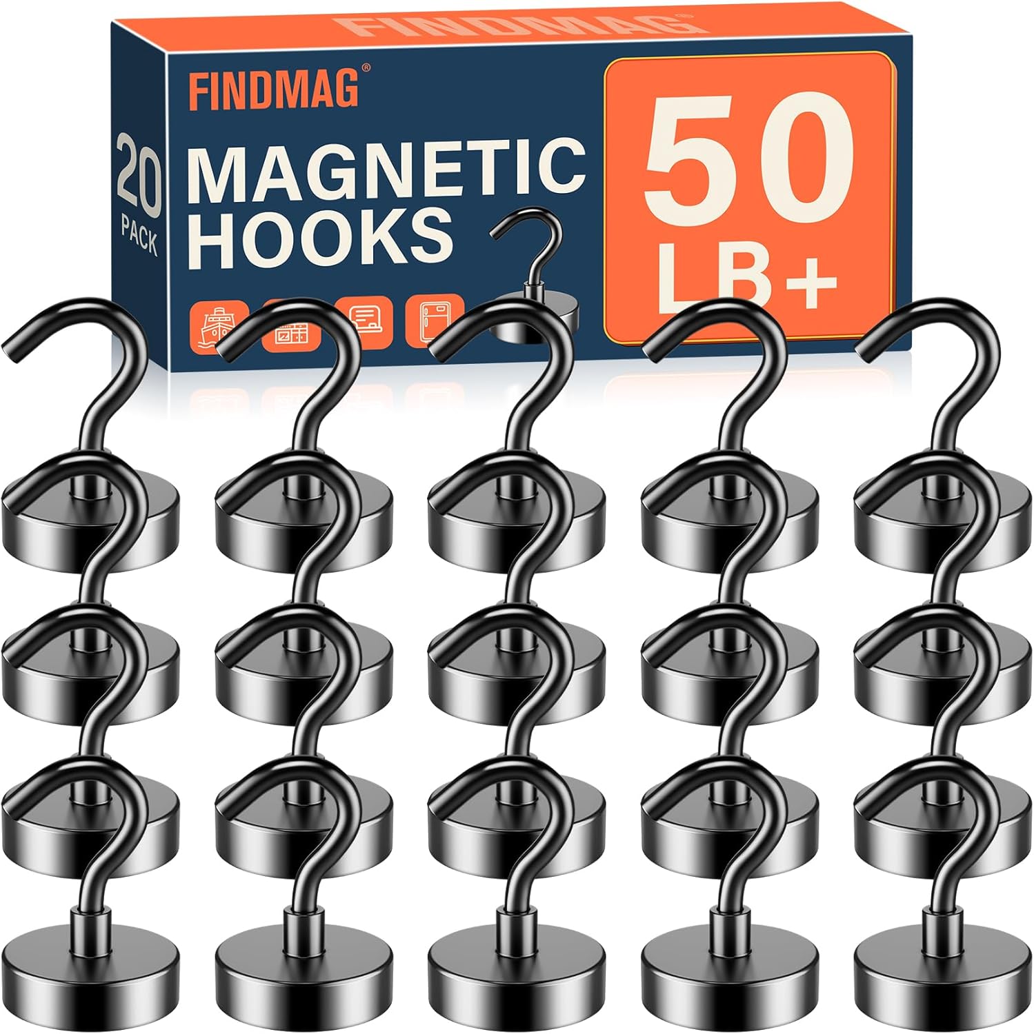 FINDMAG 20 Pack Magnetic Hooks, 50lbs Strong Magnetic Hooks Heavy Duty for Hanging, Magnets with Hooks for Cruise Cabin, Classroom, Office, Grill, Heavy Duty Magnetic Metal Hooks for Refrigerator