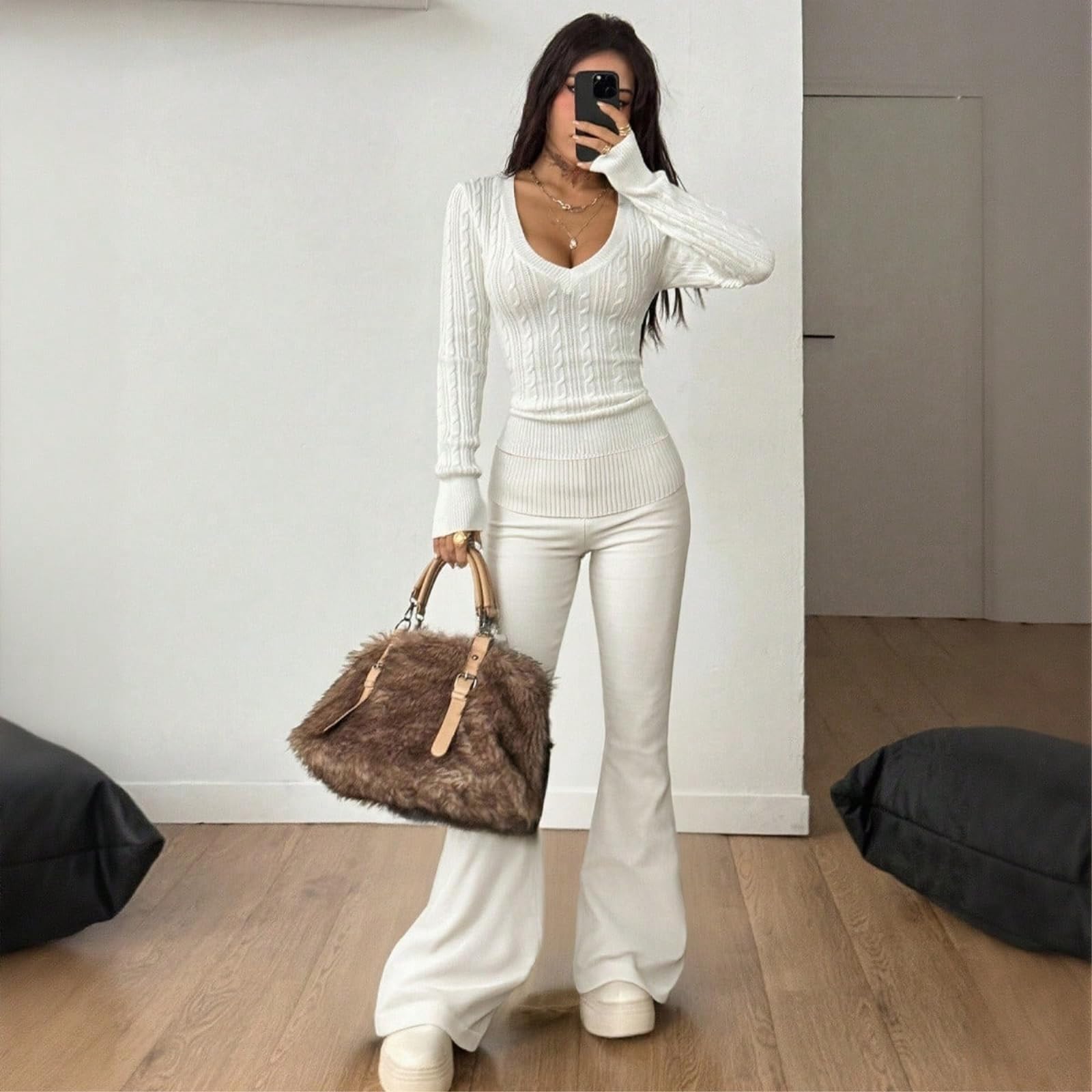 HJDMO - Maglione da donna con scollo a V, a maniche lunghe, vestibilità