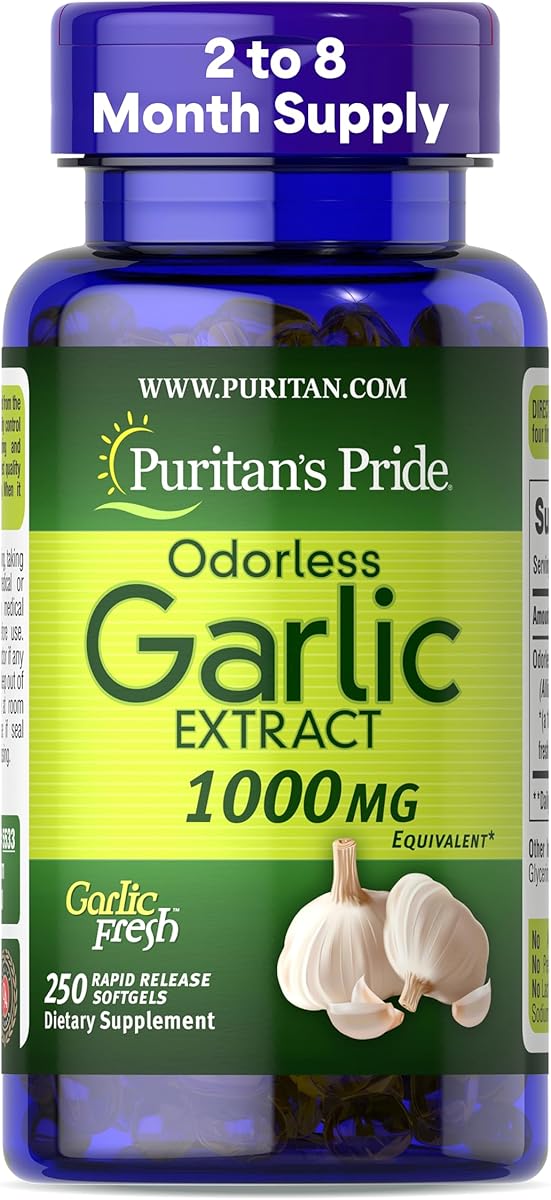 Puritan's Pride Premium Odorless Garlic Fresh 10 mg(1000mg Equivalent), Herb Dietary Supplement for Heart Health and Circulation Support with Antioxidant Properties, 250 Rapid Release Softgels