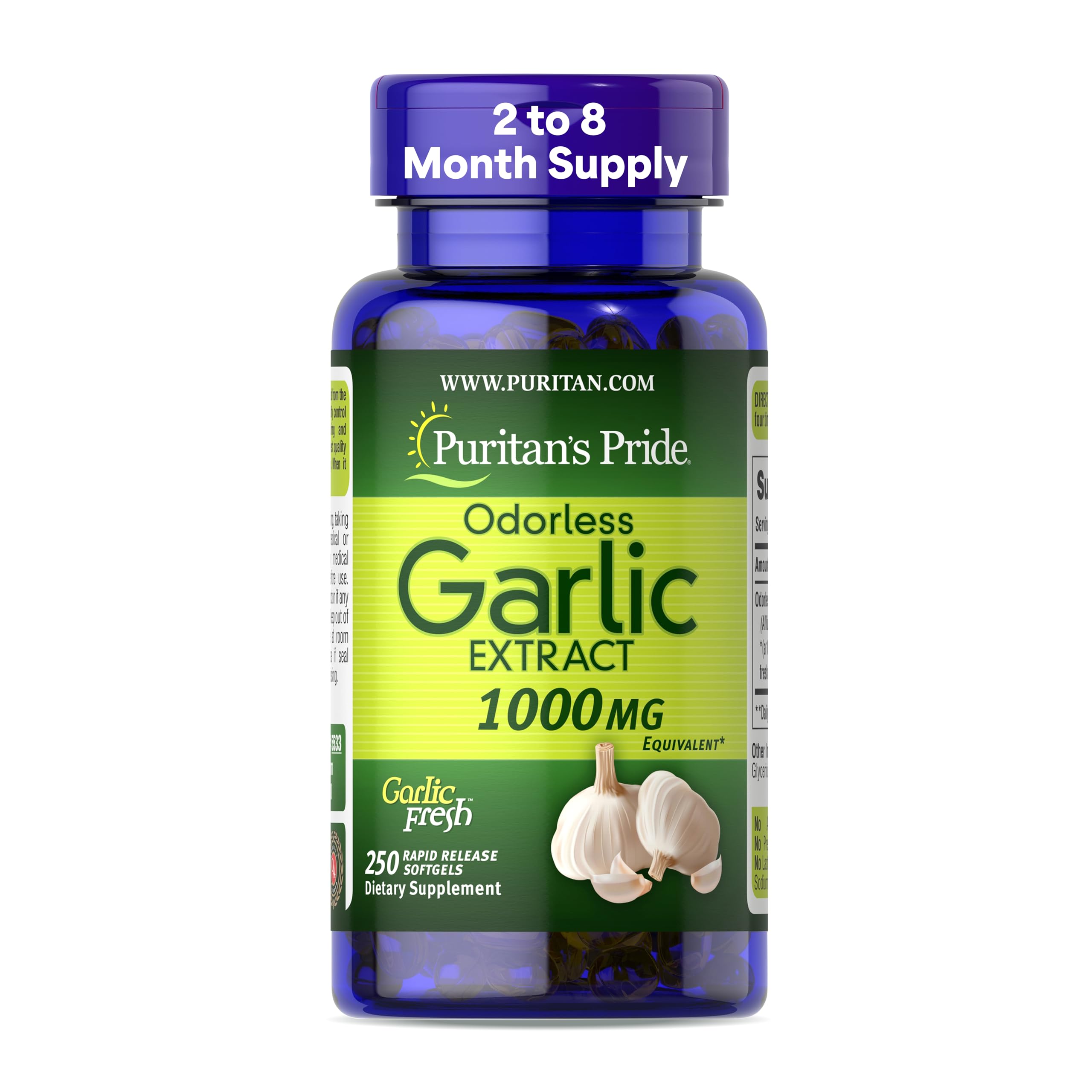 Puritan's Pride Premium Odorless Garlic Fresh 10 mg(1000mg Equivalent), Herb Dietary Supplement for Heart Health and Circulation Support with Antioxidant Properties, 250 Rapid Release Softgels