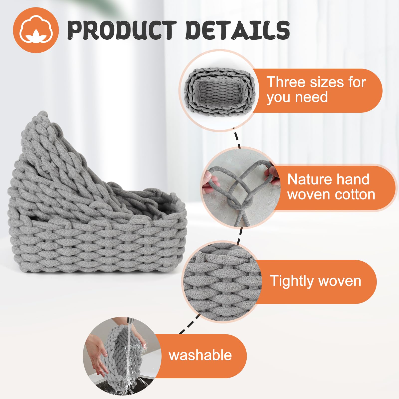 Cinnani Lot De 3 Paniers Rangement Corde Tressée Coton – Tailles Variées, Naturel & Doux, Idéal Chambre Bébé, Salle De Bain, Salon, Blanc