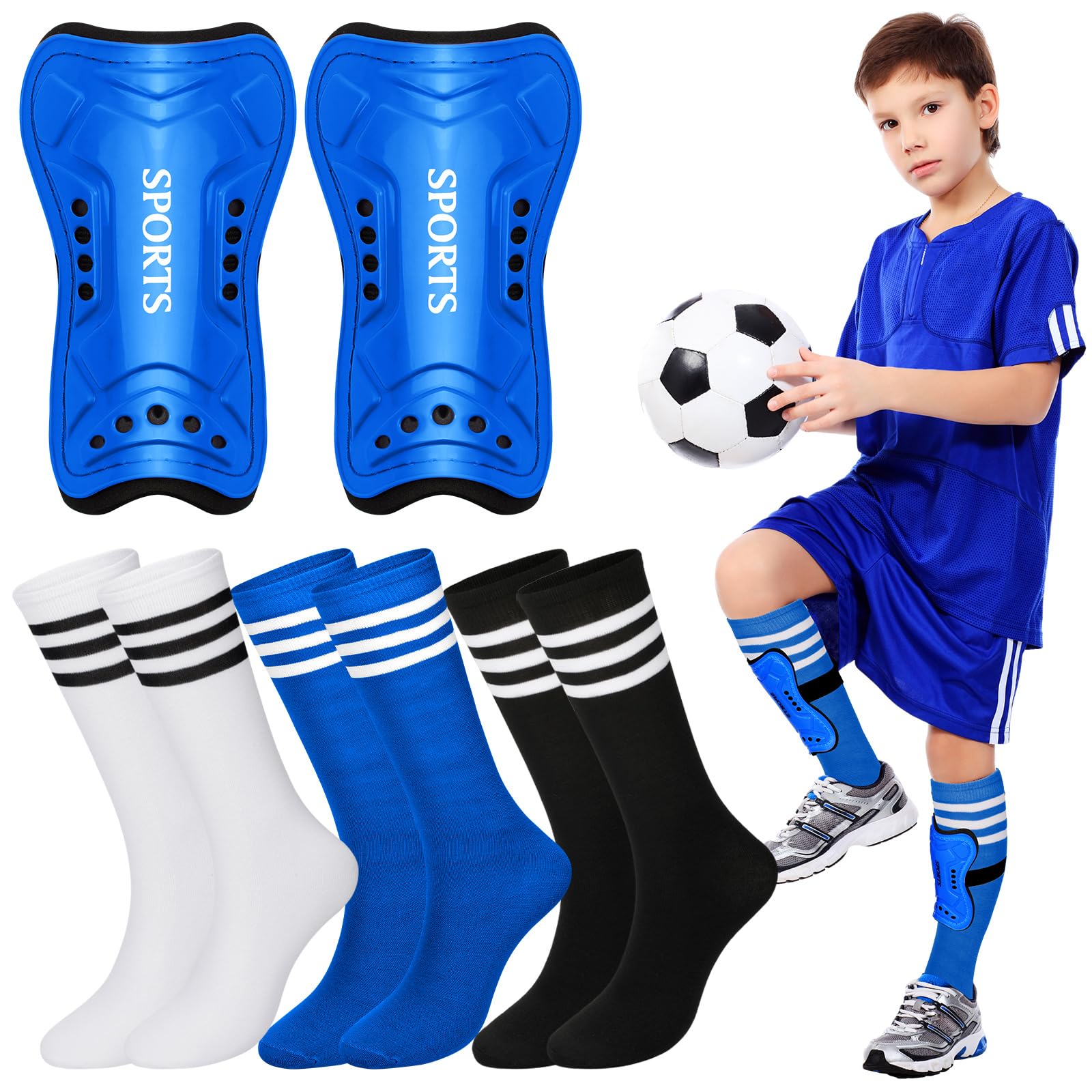 Liliful 4 Pcs Soccer Shin Guards Set for Girl Kids Youth Include 1 Shin Guards & 3 Sport Socks Protective Lightweight Gear Leg Pads Gear for 3-15