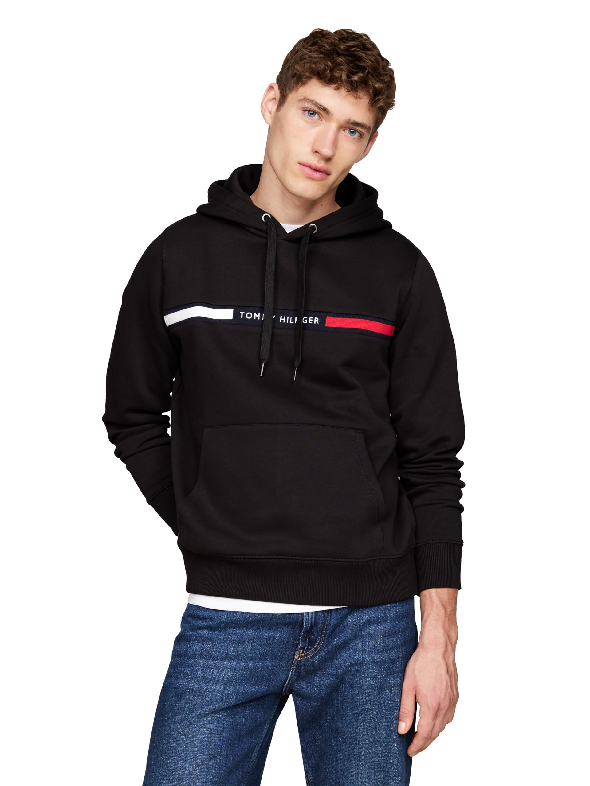 Tommy Hilfiger mens Medium Weight Fleece Hoodie Sweatshirt With Signature  Stripe Logo