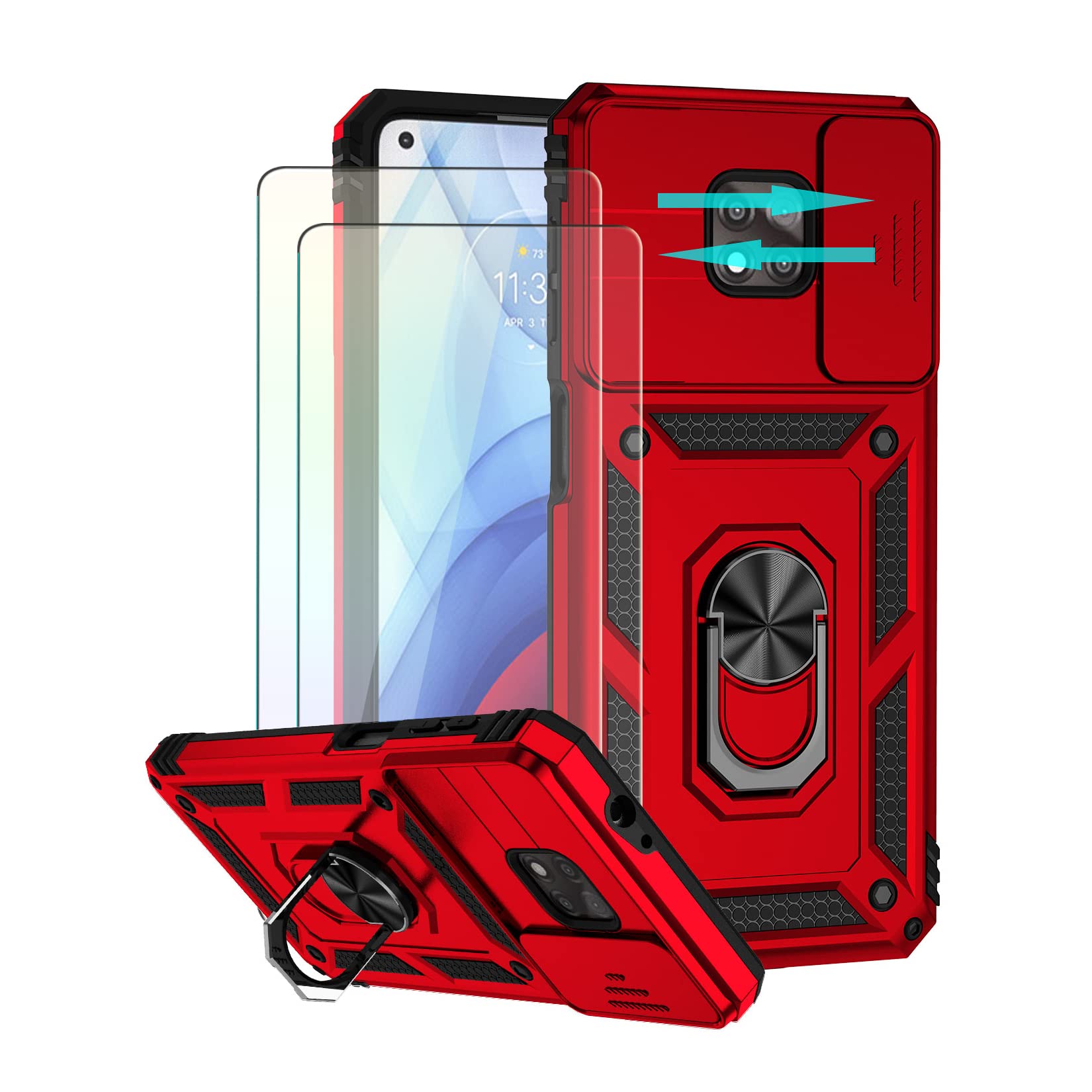 Rebex for Moto G Power 2021 Case,Built-in Camera Slide Cover with Screen Protector,Full Protection with Ring Kickstand Tough Shockproof Protective for Galaxy Motorola Moto G Power 2021 (Red)