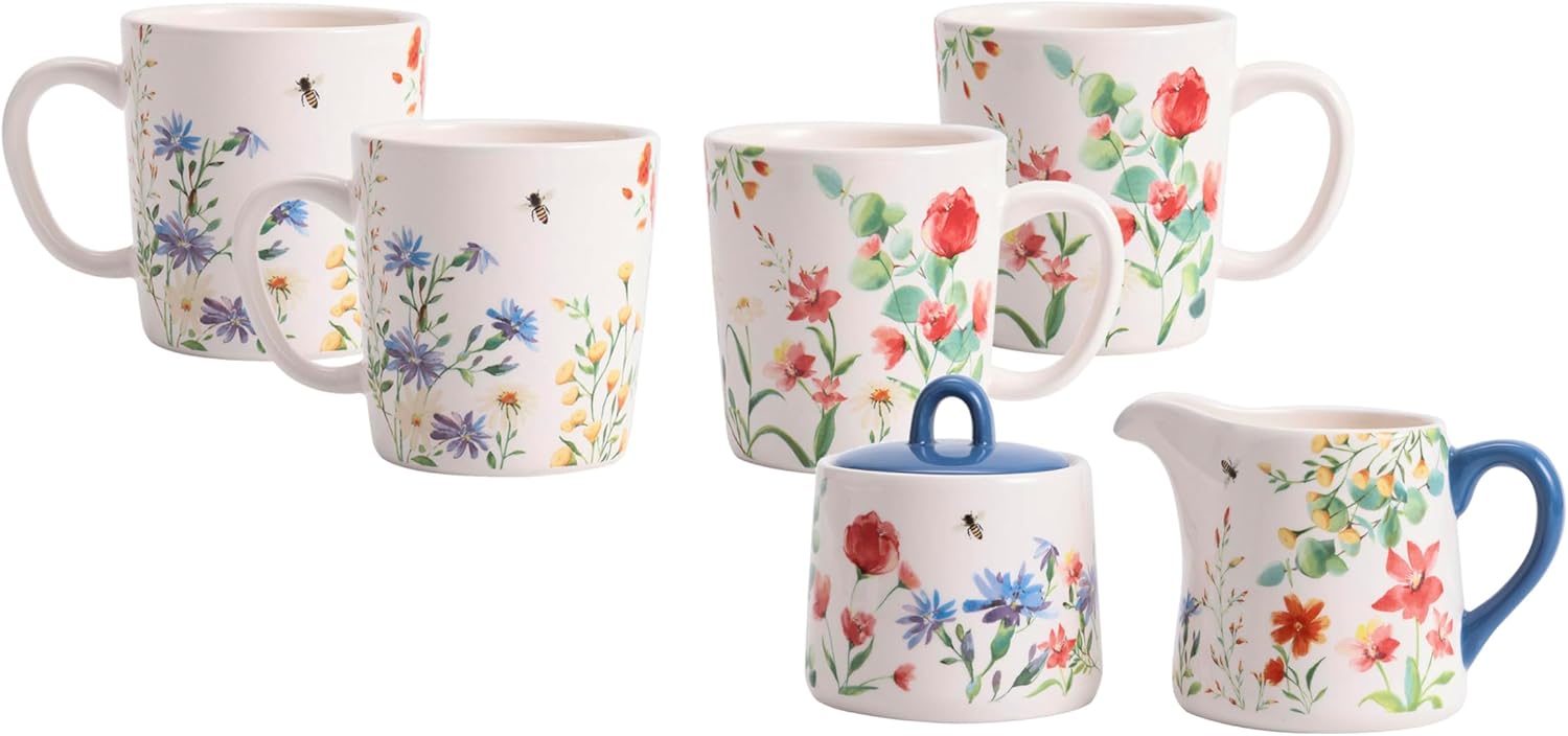 Bico Summer Provence Ceramic Sugar and Creamer with Mugs Set, Afternoon Tea Set, Microwave & Dishwasher Safe