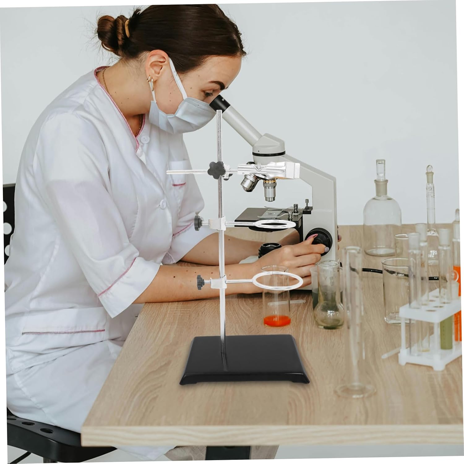 Adjustable Laboratory Ring Stand with Heavy Duty Base and Multiple Ring Clamps for Flask Support Chemical Experiments Sturdy Lab Equipment for Schools and Research Facilities