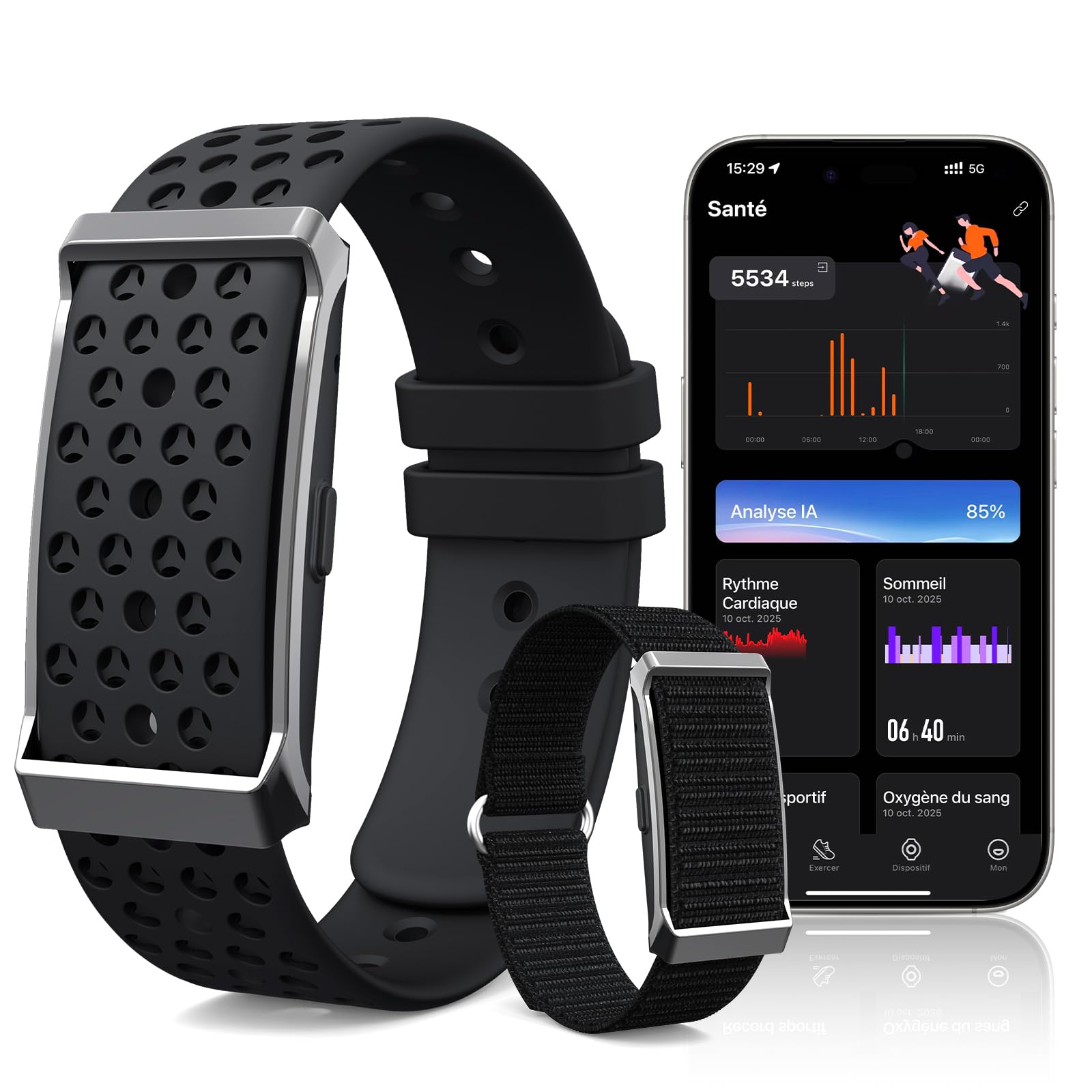Smart Fitness Tracker Smartwatch sans Écran Noir | Suivi 24/7 Activité, Sommeil & Fréquence Cardiaque, 170+ Multisports, Autonomie 35 Jours, IP68 pour Femme Homme