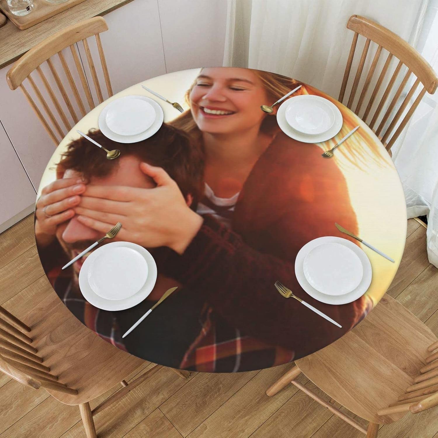 ADAPTOR Custom Elastic Edged Polyester Table Cover, Customized Fitted Tablecloth Round with Logo/Photo/Text/Image, Customize ChristmasTablecloth, Personalized Christmas Decor Cloth, M(45-50in)