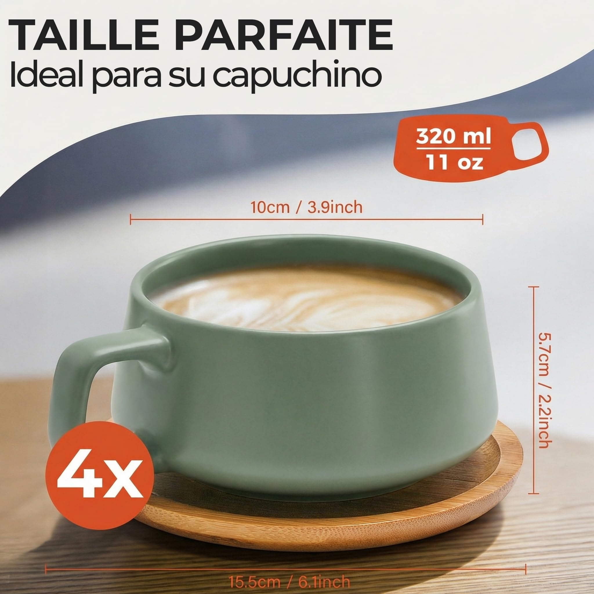 MIAMIO - 4 x 320 ml tasses à café/set de tasses et soucoupes/tasses à café en grès élégantes et modernes - Set Luxe collection 4pcs (Evergreen)