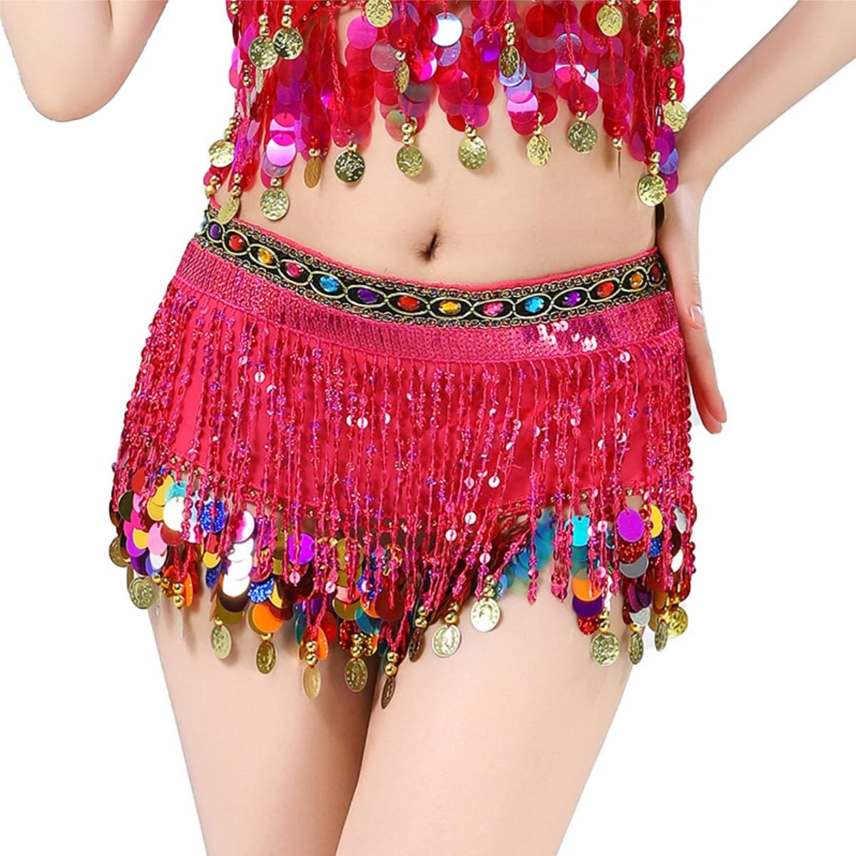 Hybursky Women's Rose Sequin Belly Dance Hip Scarf, Glitter Sequins Tassel Wrap Skirt, Sparkly Bling Fringe Tassel Latin Dance Coins Hip Belt Waist Scarf For Party Club Carnival Clubwear Rave Performance Outfits