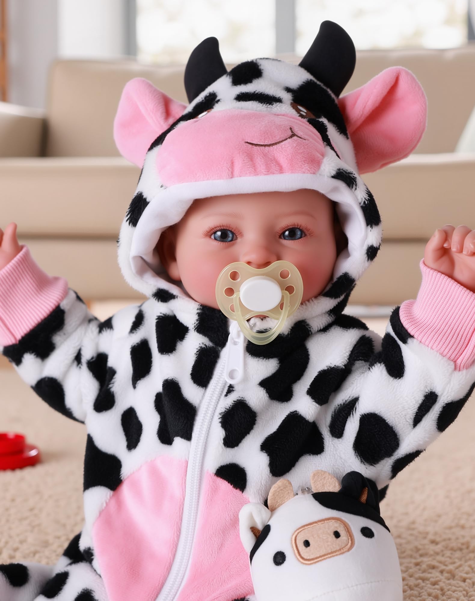 BABESIDE Baby Doll Girl - 17-Inch Soft Body Realistic Baby Doll with Blue Eyes and Cow Outfit Real Life Baby Dolls for 3 4 5 6 7 8 9 Years Girl Birthday Gifts, Pretend Play, Christmas & Collection