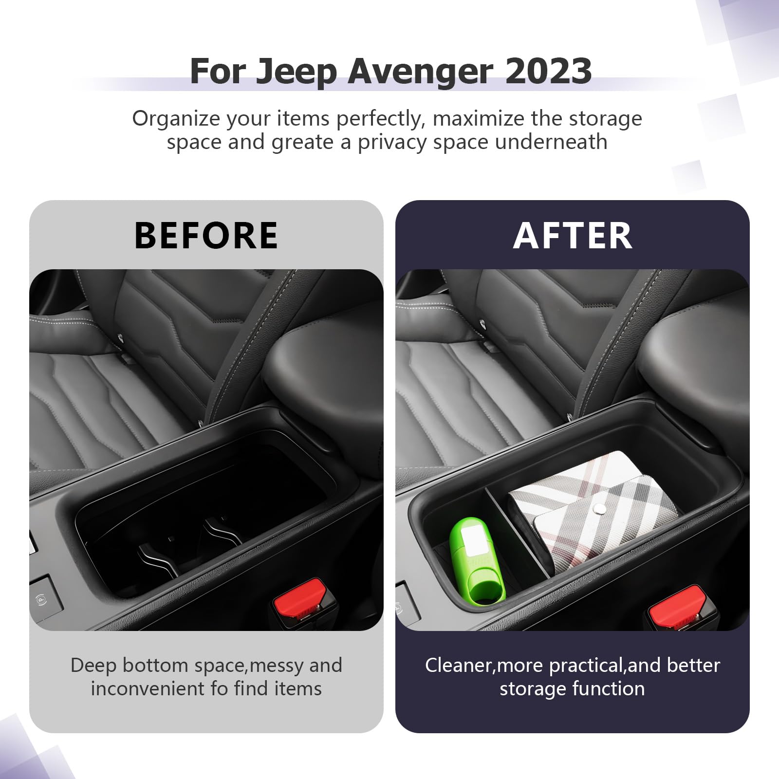 LUWU Compatibile con Jeep Avenger 2023 2024 2025 2026 EV Hybrid Organizer Portaoggetti per Console Centrale Vassoio Sotto il Bracciolo Accessori Avenger