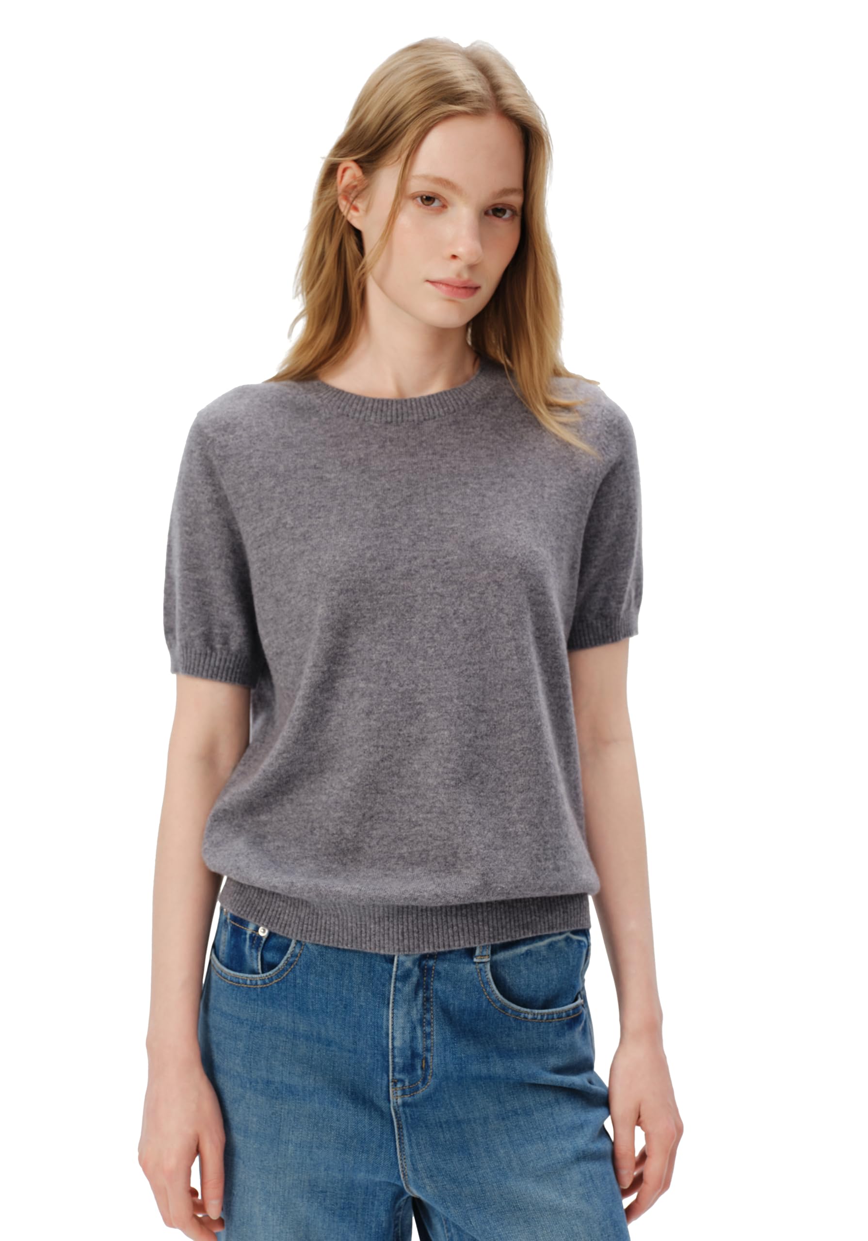 Pure Cashmere Structured Shoulder Crewneck Short-Sleeve Sweater