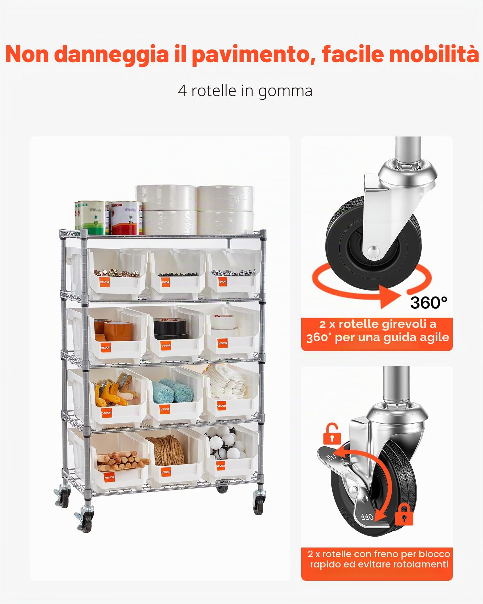 VEVOR Scaffale per Carichi Pesanti Portaoggetti con Ruote a 5 Ripiani, 12 Contenitori Portaoggetti, Sistema di Scaffalature in Filo d'Acciaio, per Garage, Magazzino, Ufficio, Ristorante, Aula, Cucina