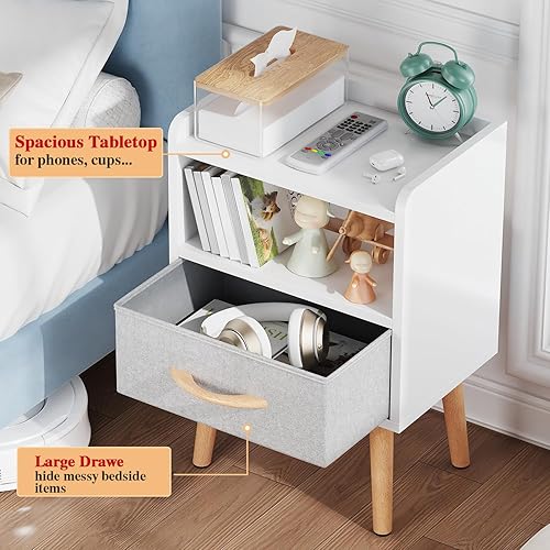 Miniatura 5 de LUCKNOCK Mesita de noche blanca con cajón, mesita de noche moderna de mediados de siglo, mesita de noche de madera resistente con estante de