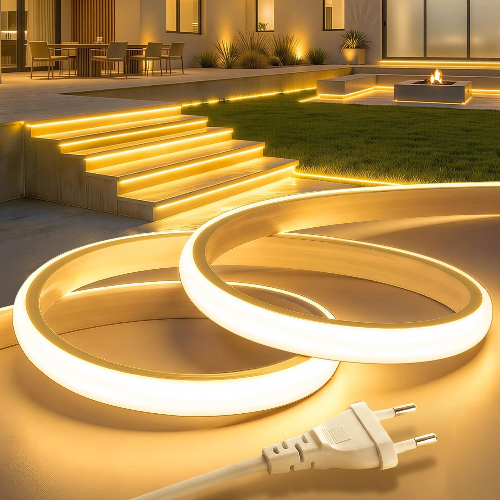 Lamomo COB LED Streifen 20m, Aussenbereich Wasserdicht Warmweiss Neon Strip | Silikon Leiste 5760 leds, CRI 95+, Flexibel, 3000K, 9.2mm Breit, 220V, Zuschneidbar für Heim Küche Garten Gewerbedekor