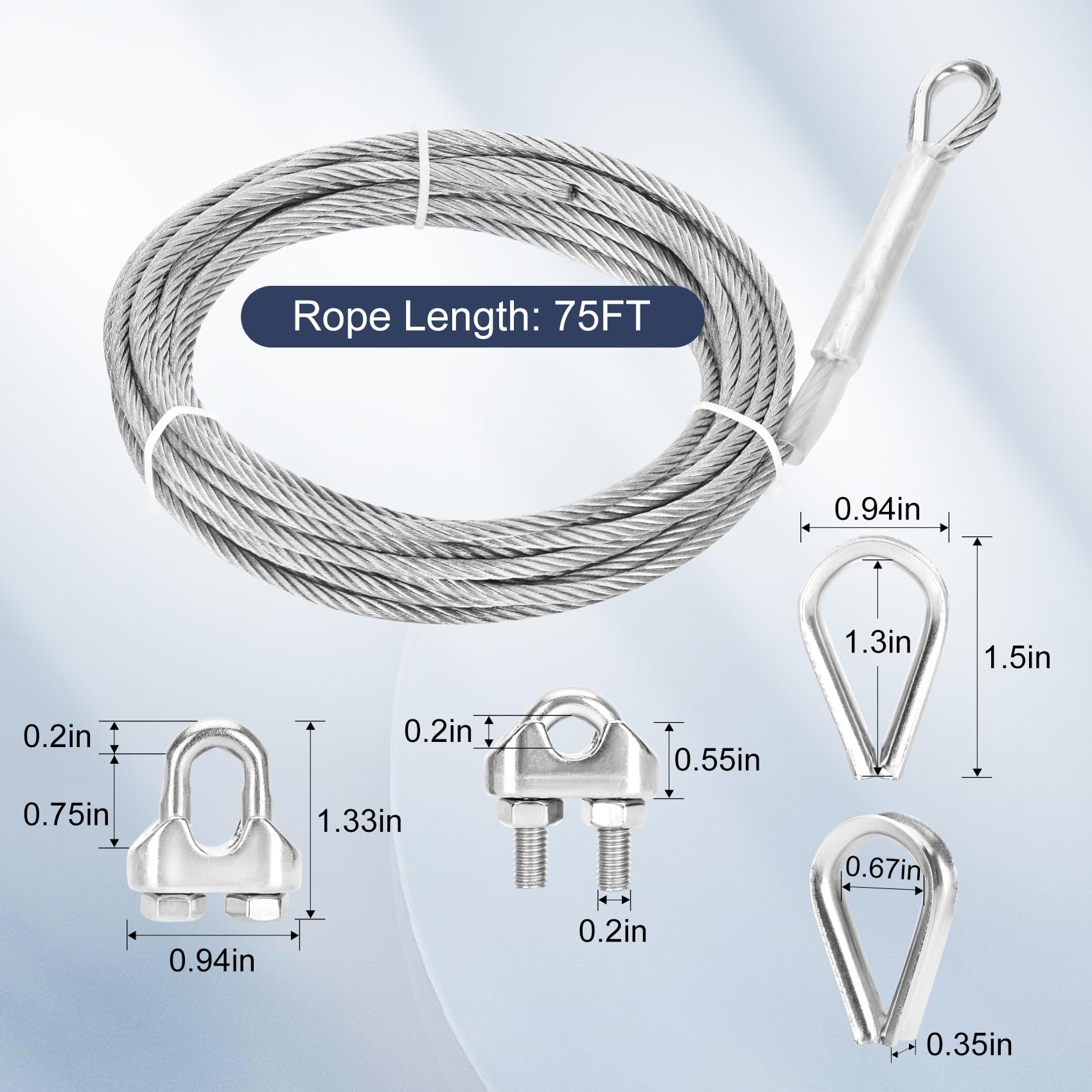 Cavo in acciaio inossidabile spesso 1/4, cavo metallico da 22,9 m, cavo aereo 7x19 fili, resistenza alla rottura 2.903 kg, linea zip con morsetto a clip per fune metallica M8 e ditali per cavi