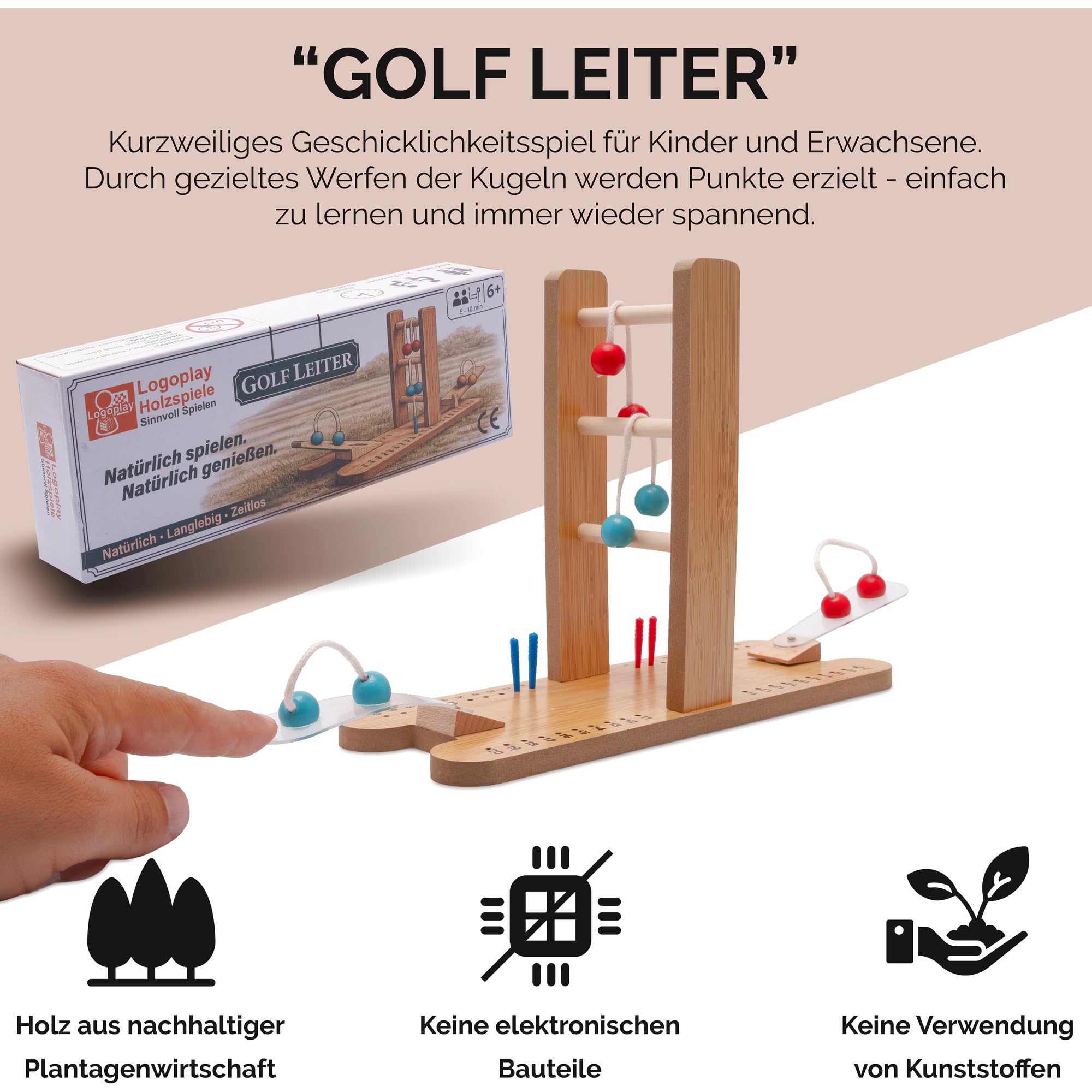 LOGOPLAY Golf Leiter Spiel aus Holz – Geschicklichkeitsspiel & Tischspiel für Kinder & Erwachsene – Balance- & Reaktionsspiel – Familienspiel & Geschenkidee