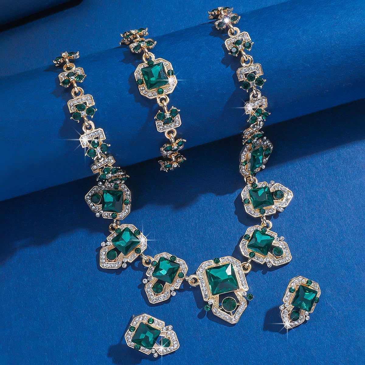 Xerling Green Rhinestone Chunky Crystal Jewelry Set Emerald Necklace Bracelet Earrings Set for Women Statement Brides Wedding Jewelry Art Deco - Image 4