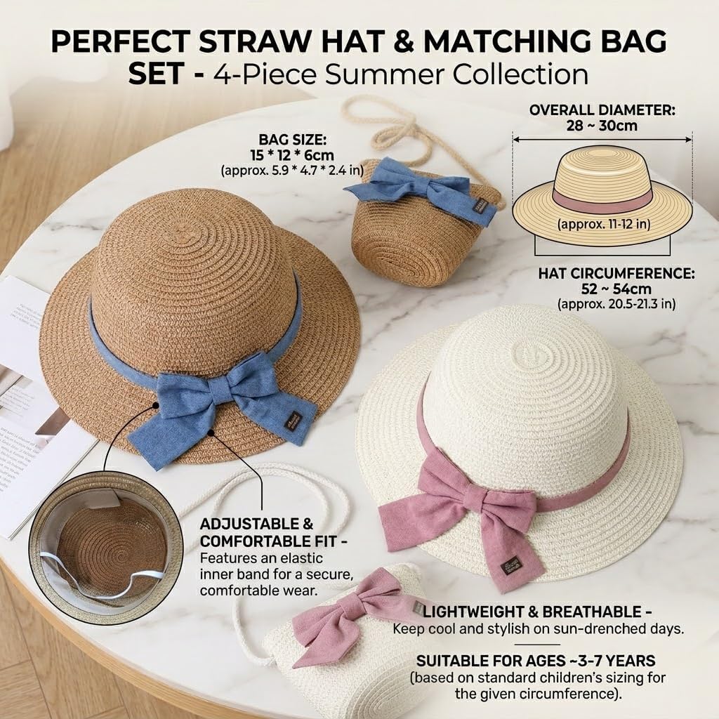 4 Pack Kids Straw Sun Hat and Bag Set - Girls Summer Beach Hat with Bowknot, Breathable Wide Brim Sunhat for Outdoor Travel - Khaki and Cream