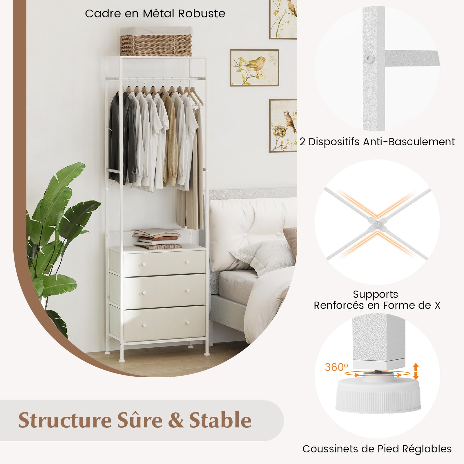 COSTWAY Porte Manteaux Entrée, Portant à Vêtement 3 Tiroirs Pliables, Tringle à 3 Positions, Vestiaire Petit Largeur 55cm, 1 Séparateur, Surface en PVC, Cadre en Métal, Kits Anti-Renversement(Blanc)