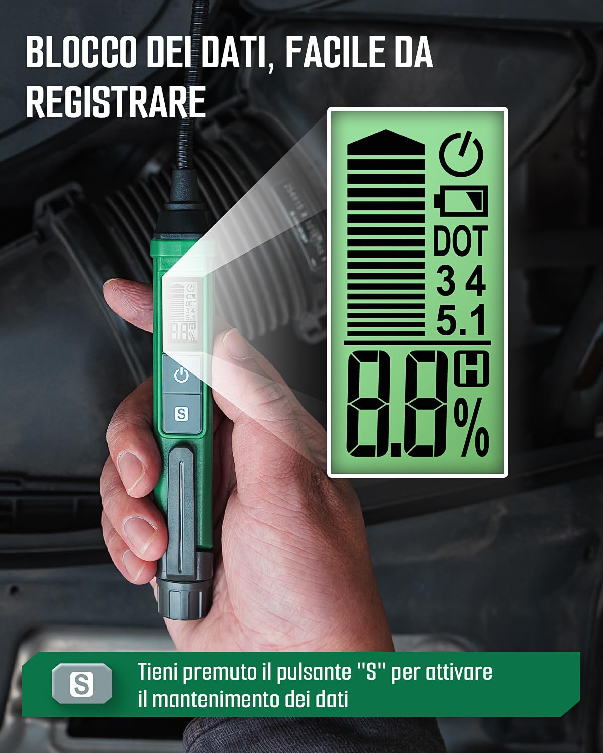TESMEN TBF-200 Tester Liquido Freni Sonda Flessibile 8,5 Pollici Alta Precisione Data Hold Allarme Retroilluminato 3 Colori DOT3 DOT4 DOT5.1 Verde