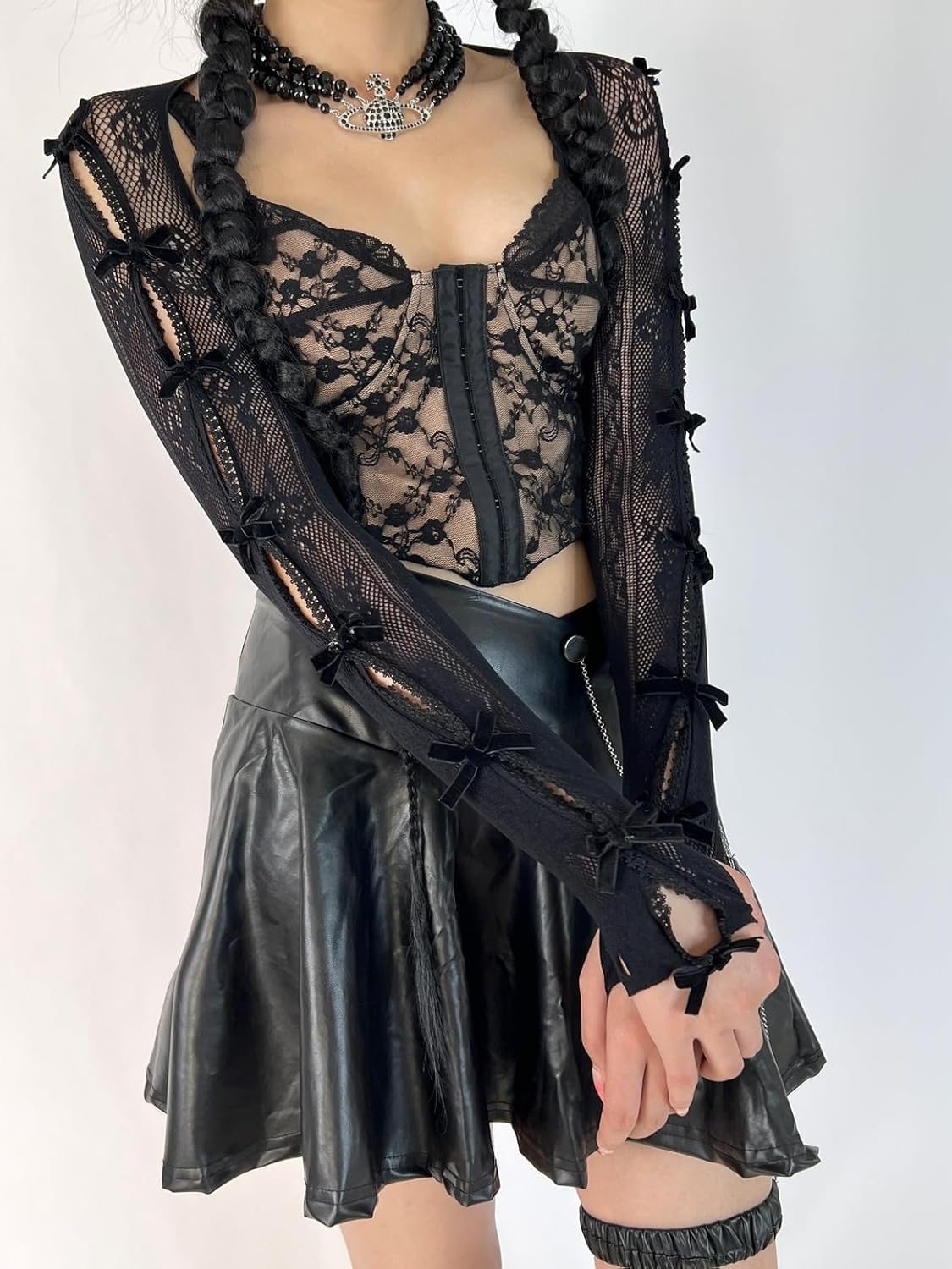 Women's Mesh Lace Shrug Crop Top Y2K Aesthetic Arm Sleeves Cardigan with Bow Grunge Cute Fairycore Accessories - Image 6