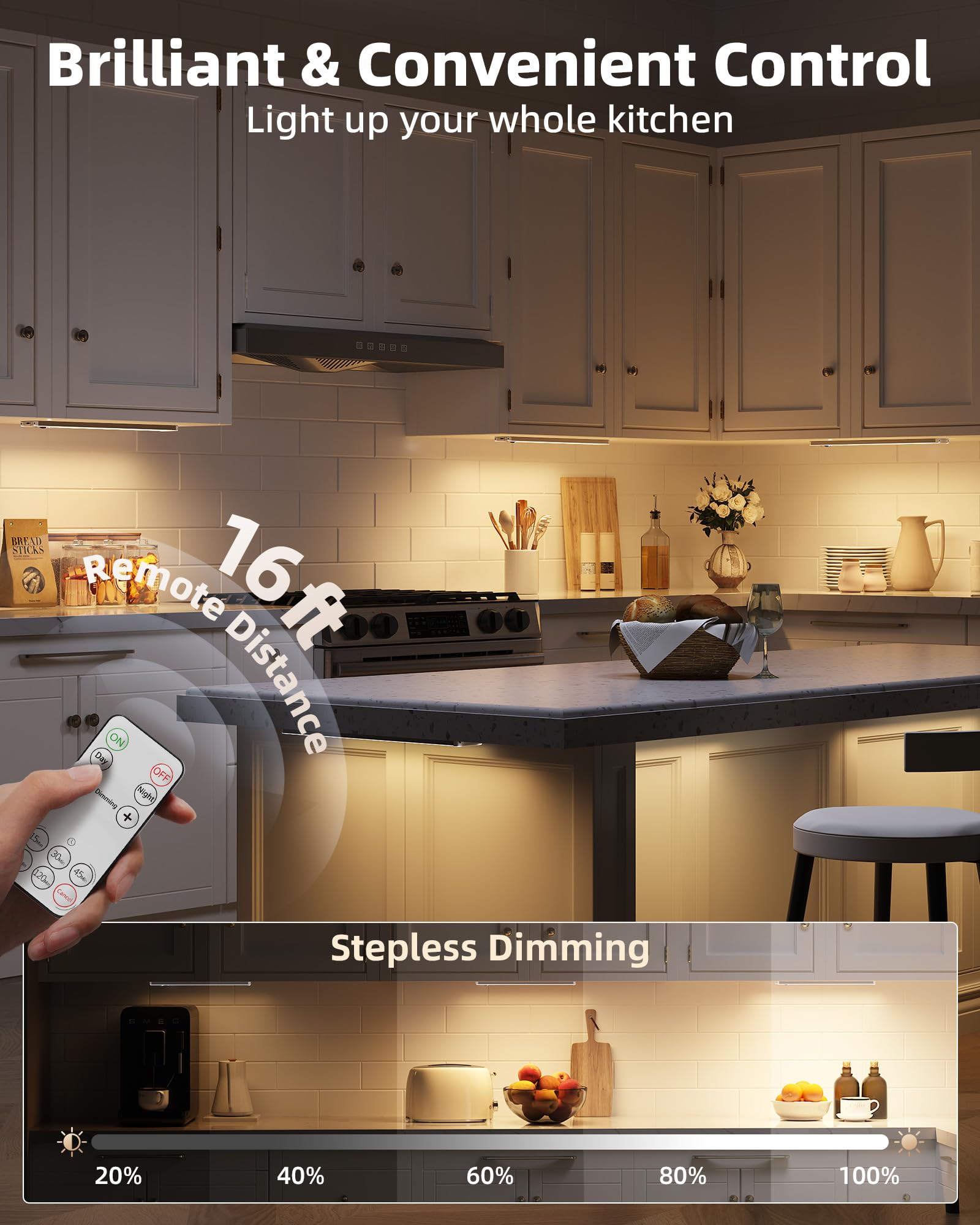 EZVALO Luces de cocina para debajo del gabinete, paquete de 5 luces de sensor de movimiento inalámbricas regulables de 3500 K para interiores con control remoto, luces nocturnas LED para cocina