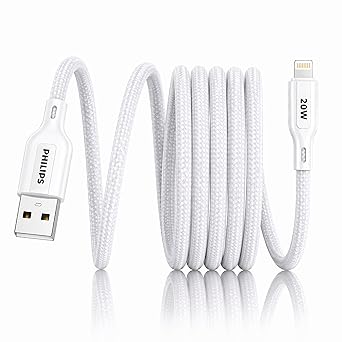PHILIPS DLC4130VW/94 20W iPhone Original Type-A to Lightning Fast Charging Cable (1m, Bright White) | MFi Certified | 480Mbps | Nylon Braided | Compatible with iPhone & Other Lightning Devices
