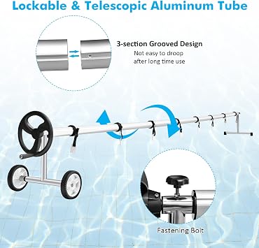 DORTALA Pool Cover Reel, 18 FT Aluminum Adjustable Swimming Pool Cover Blanket Roller with Hand Crank and Wheels, Solar Cover Reel Set for Inground Pools