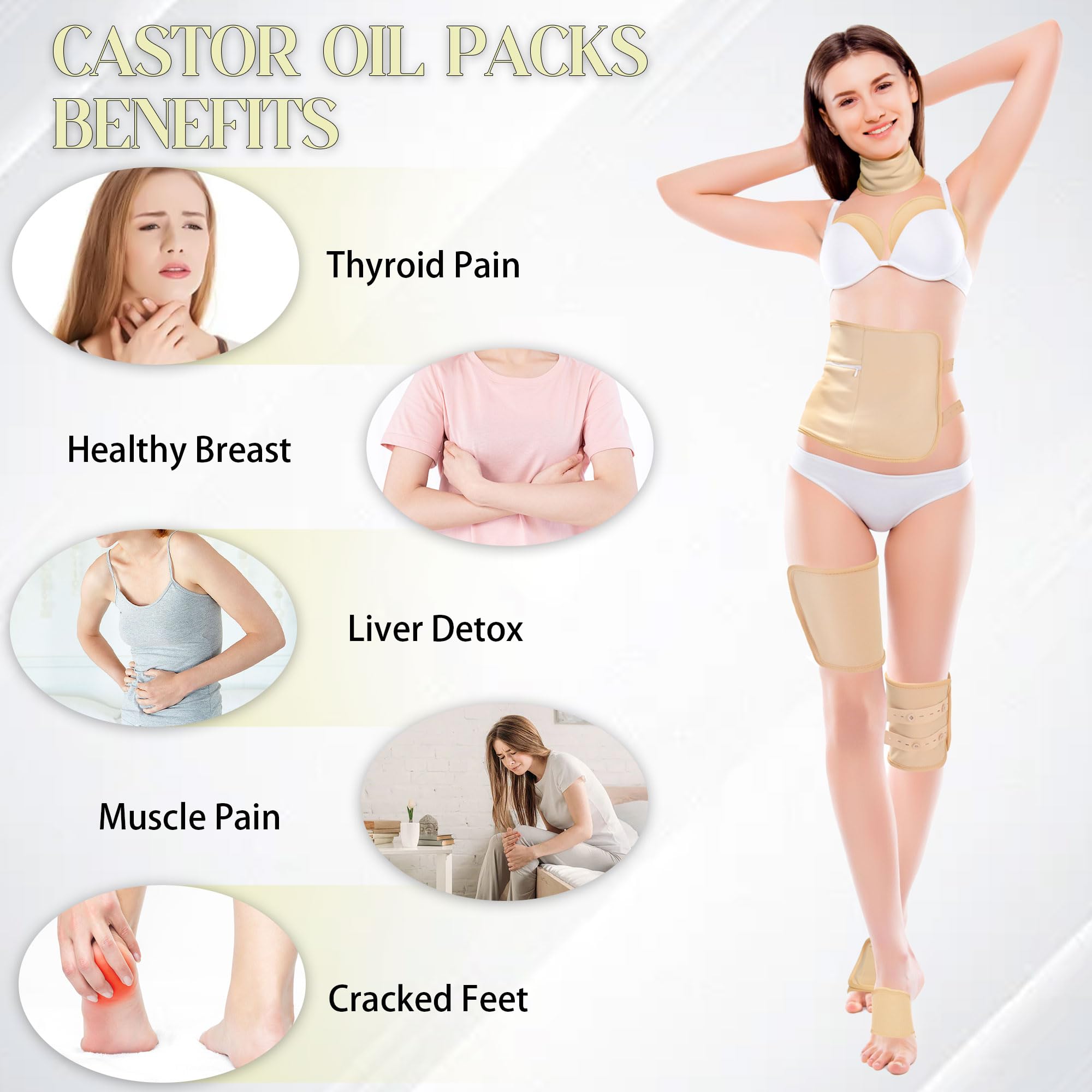 9 Pcs Castor Oil Pack Wrap, Reusable Castor Oil Pack Organic Cotton for Neck Chest Waist Back Knee and Feet, Adjustable Elastic Straps Castor Oil Wrap with Laundry Bag, Machine Washable Anti Oil Leak