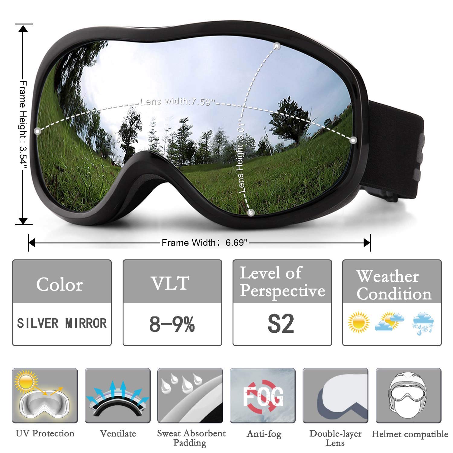 SPOSUNE Lunettes de Ski OTG Sur Lunettes Anti-Buée Double Lentille