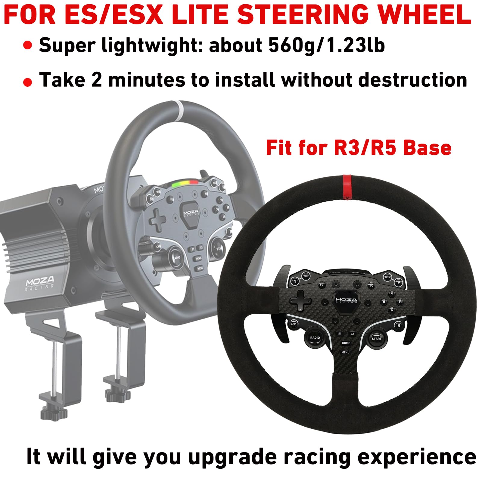 Replace 13 inch Original Carbon Fiber Suede Wheel MOD F1 GT3 GT4 For MOZA ES/ESX Lite Steering Wheel; Leather Sim Racing Hub on R3/R5/R9/R12 Direct Drive Base (13 Inch Suede)