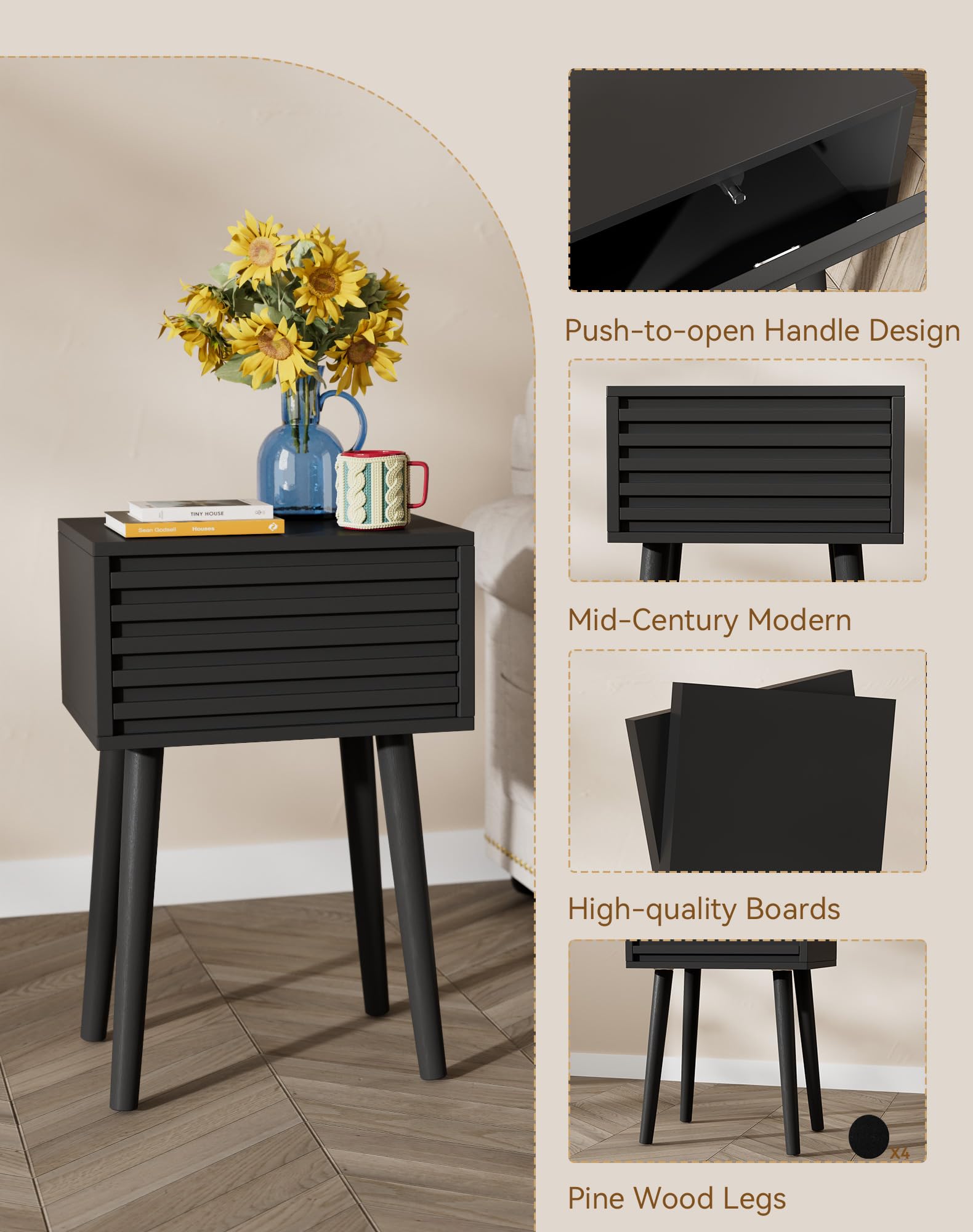 YMYNY Set di 2 Comodini, Tavolini da Salotto, Stile Mid-Century Moderno Canaliato, Cassetto a Apertura a Pressione, Gambe in legno massello, 35×27×53cm, per Camera da Letto, Soggiorno, Nero HST018B-2