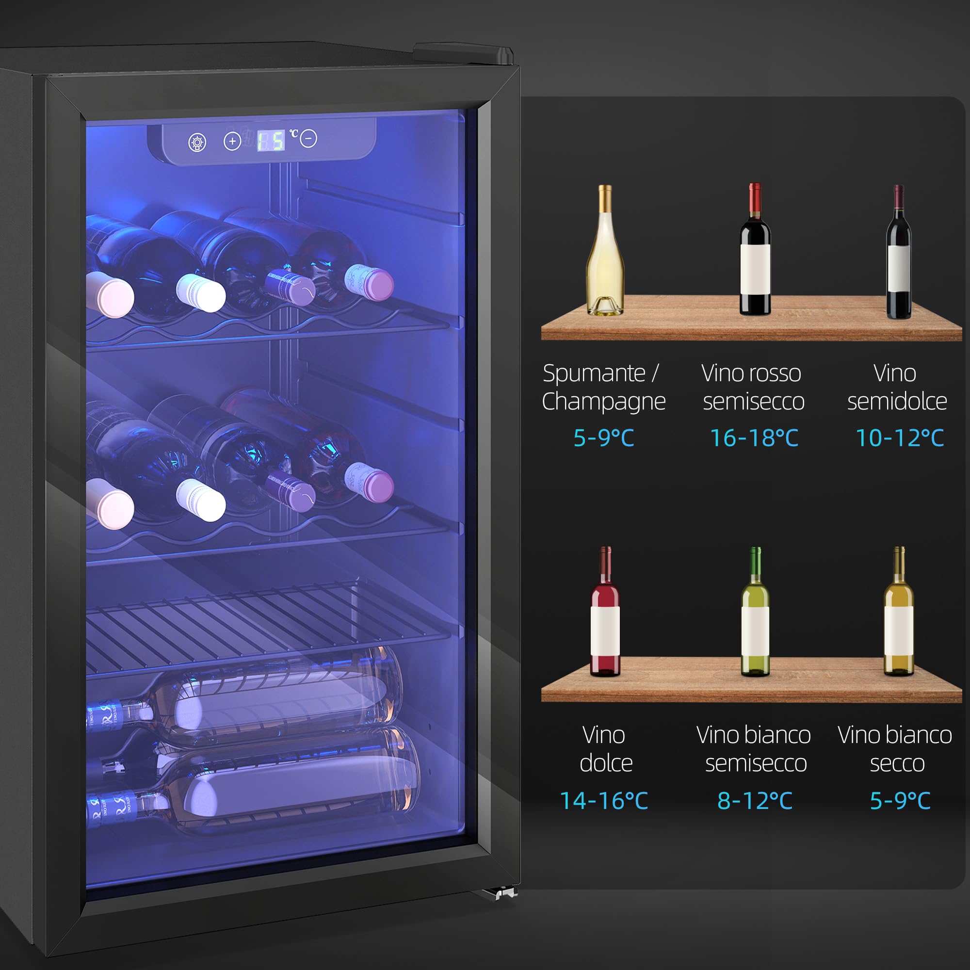 HOMCOM Cantinetta Vino Refrigerata 24 Bottiglie 68L Cantina Vino Silenziosa Temperatura Regolabile 4-16℃ Frigo Vino Bar con Vetro Anti UV, Ripiani, Compressore, Display Touch, Luci LED, Classe F, Nera
